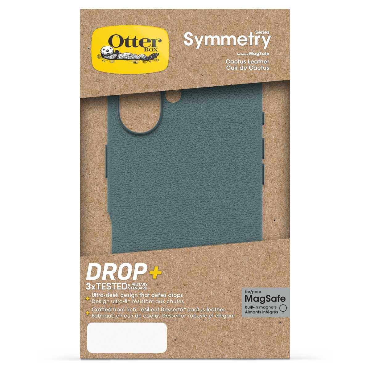 Étui Otterbox Symmetry en cuir de cactus, bleu-vert, avec MagSafe.