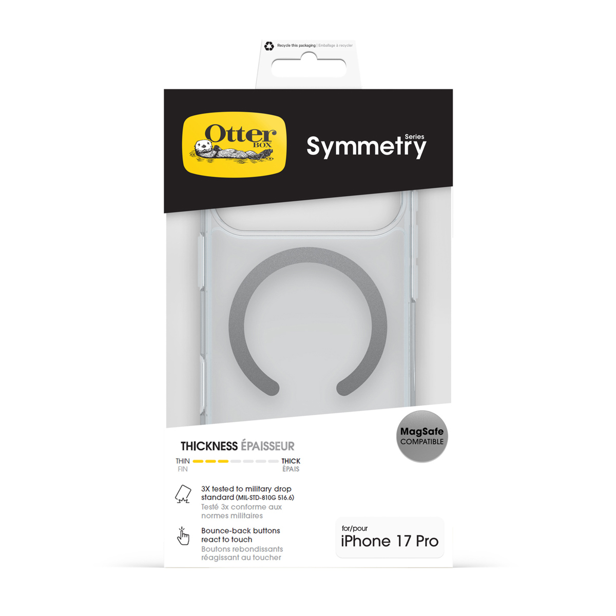 OtterBox Symmetry hoesje voor iPhone 17 Pro, MagSafe compatibel, transparant.