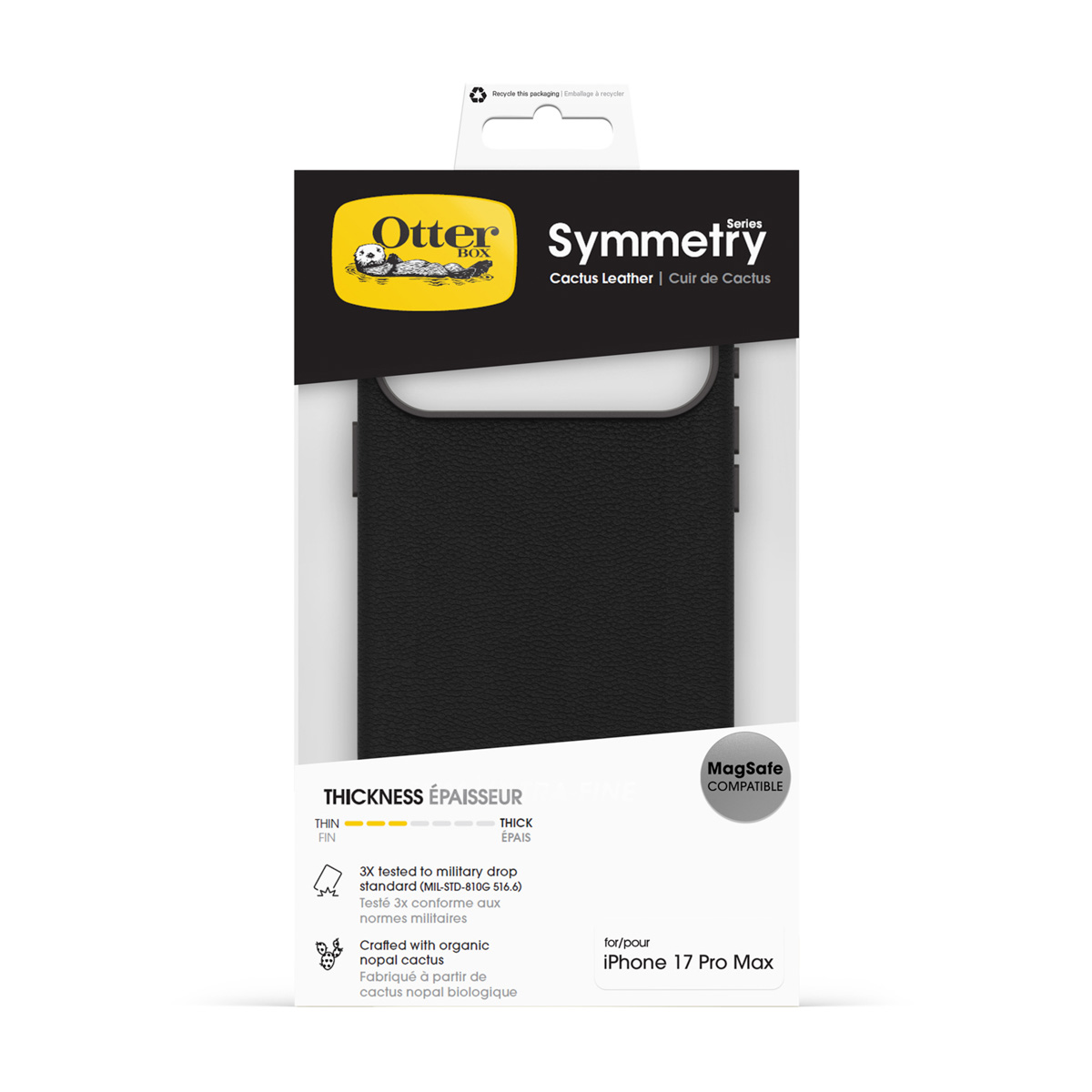 Zwarte iPhone 17 Pro Max hoes met Otterbox Symmetry logo, MagSafe compatibel.