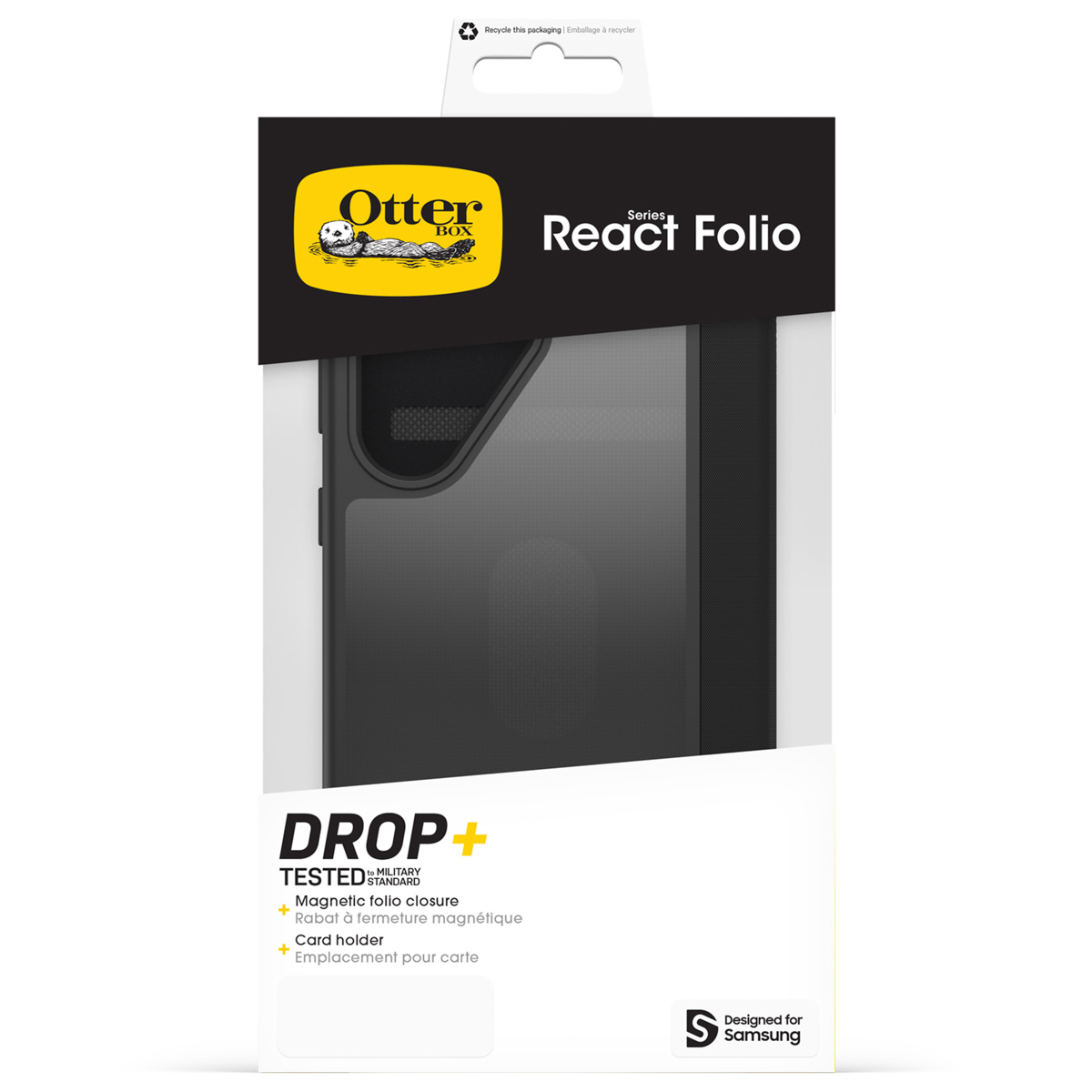 Confezione OtterBox React Folio con custodia per telefono a chiusura magnetica.
