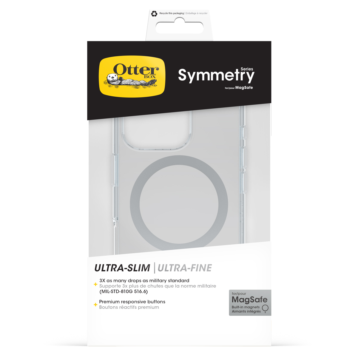 Une coque OtterBox Symmetry pour MagSafe au design transparent.