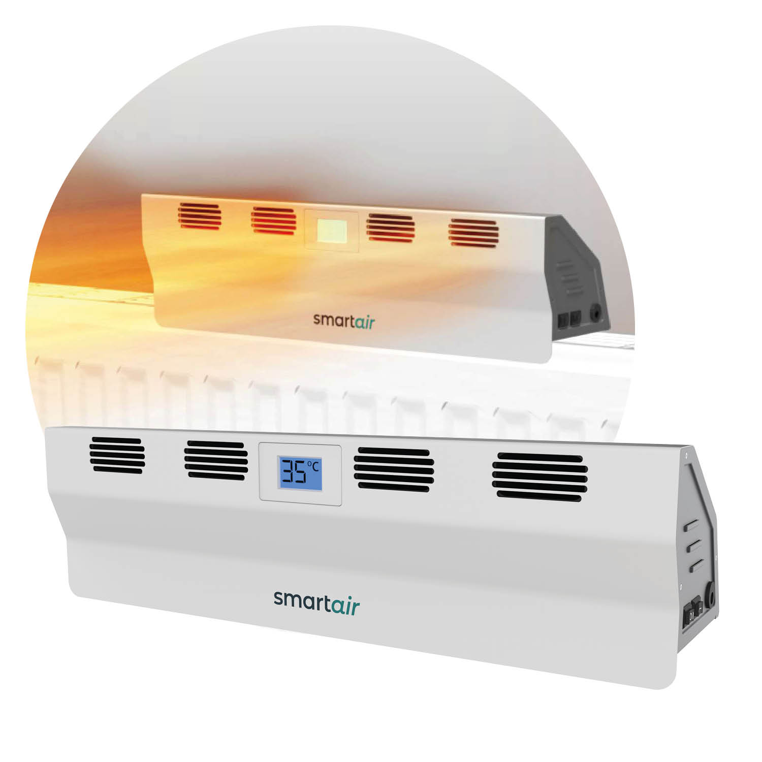 Een witte verwarming met ventilatieopeningen en een digitaal display dat 35°C aangeeft.