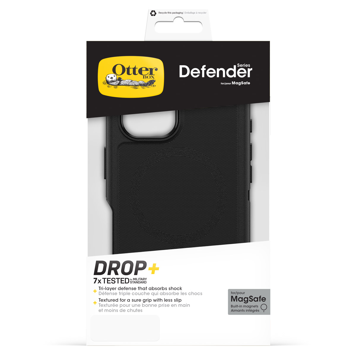 Zwarte Otterbox Defender hoes voor MagSafe met getextureerde grip.