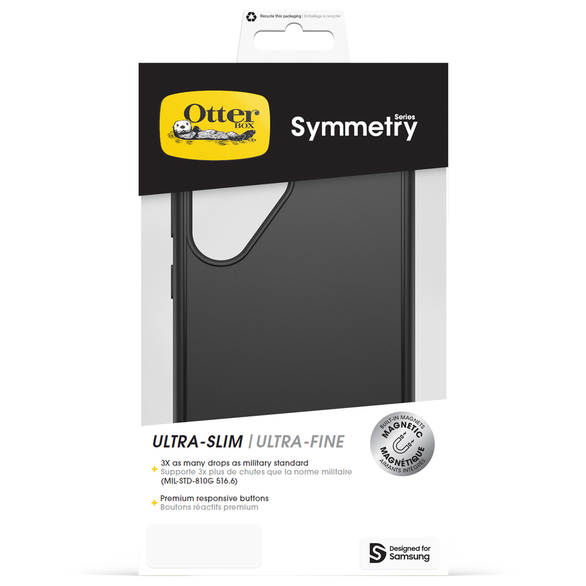 Zwarte OtterBox Symmetry telefoonhoes verpakking met logo en productafbeelding.