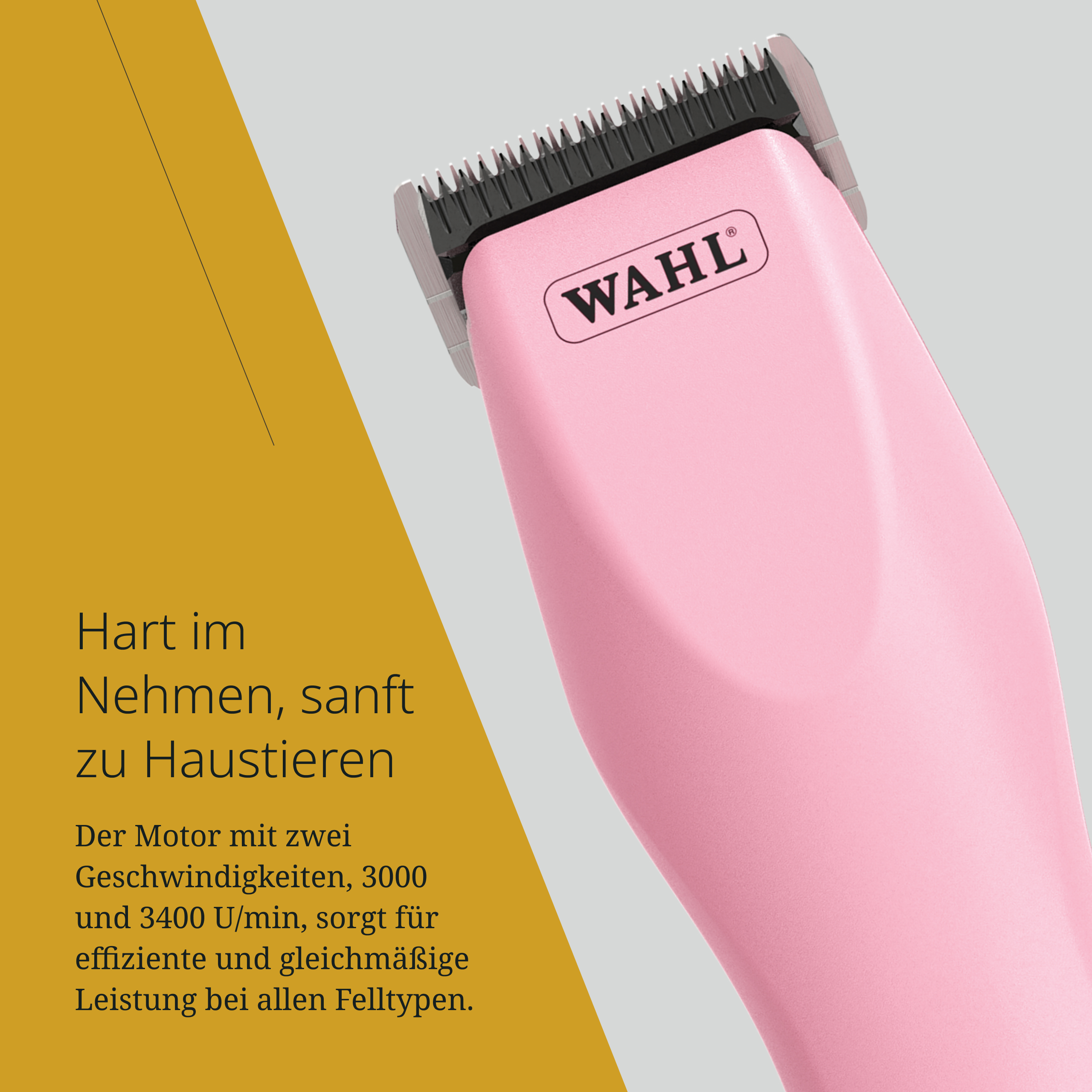 Eine rosa WAHL Haarschneidemaschine mit silbernen Klingen auf grauem Hintergrund.