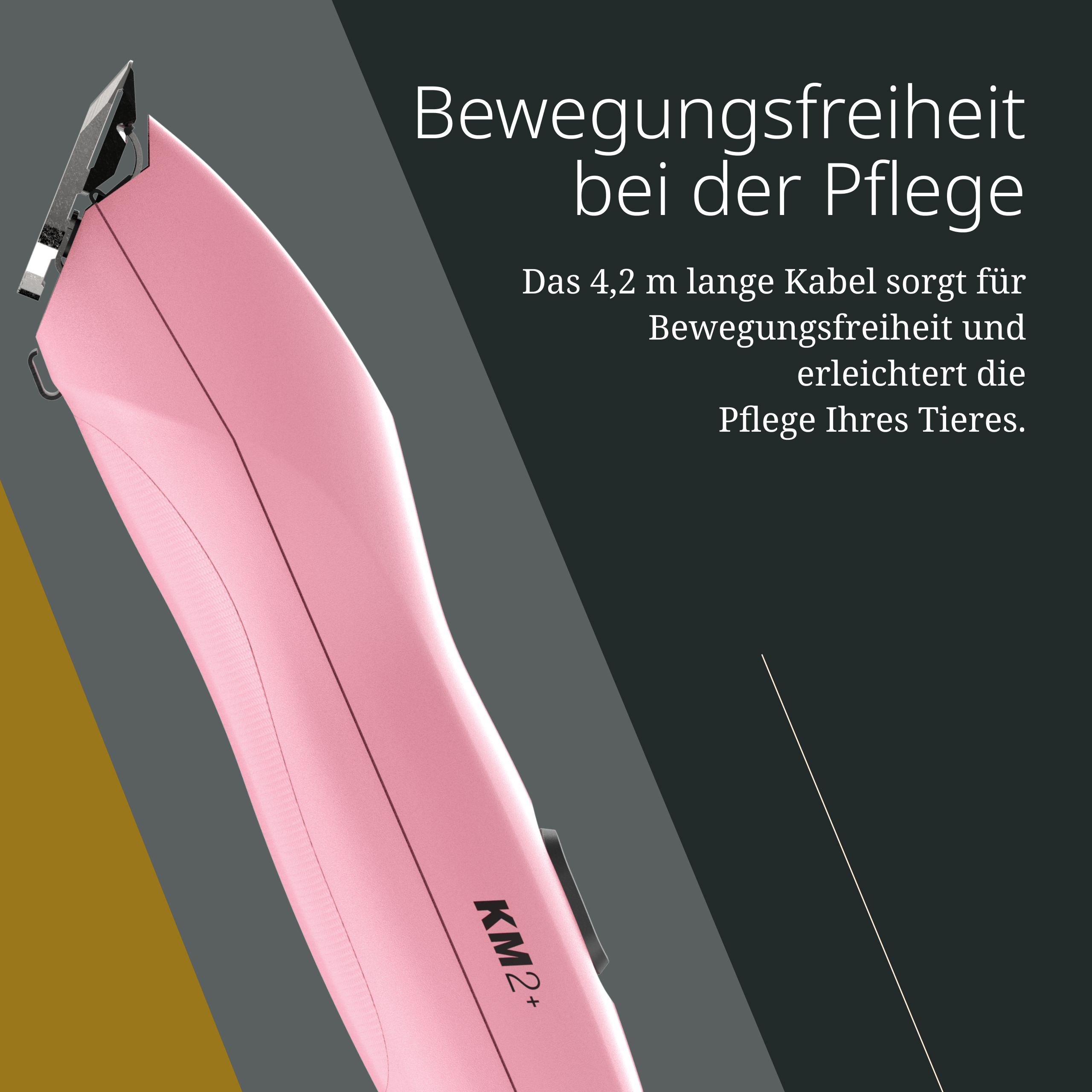 Ein rosafarbener Haarschneider mit dem Text 'Bewegungsfreiheit bei der Pflege'.