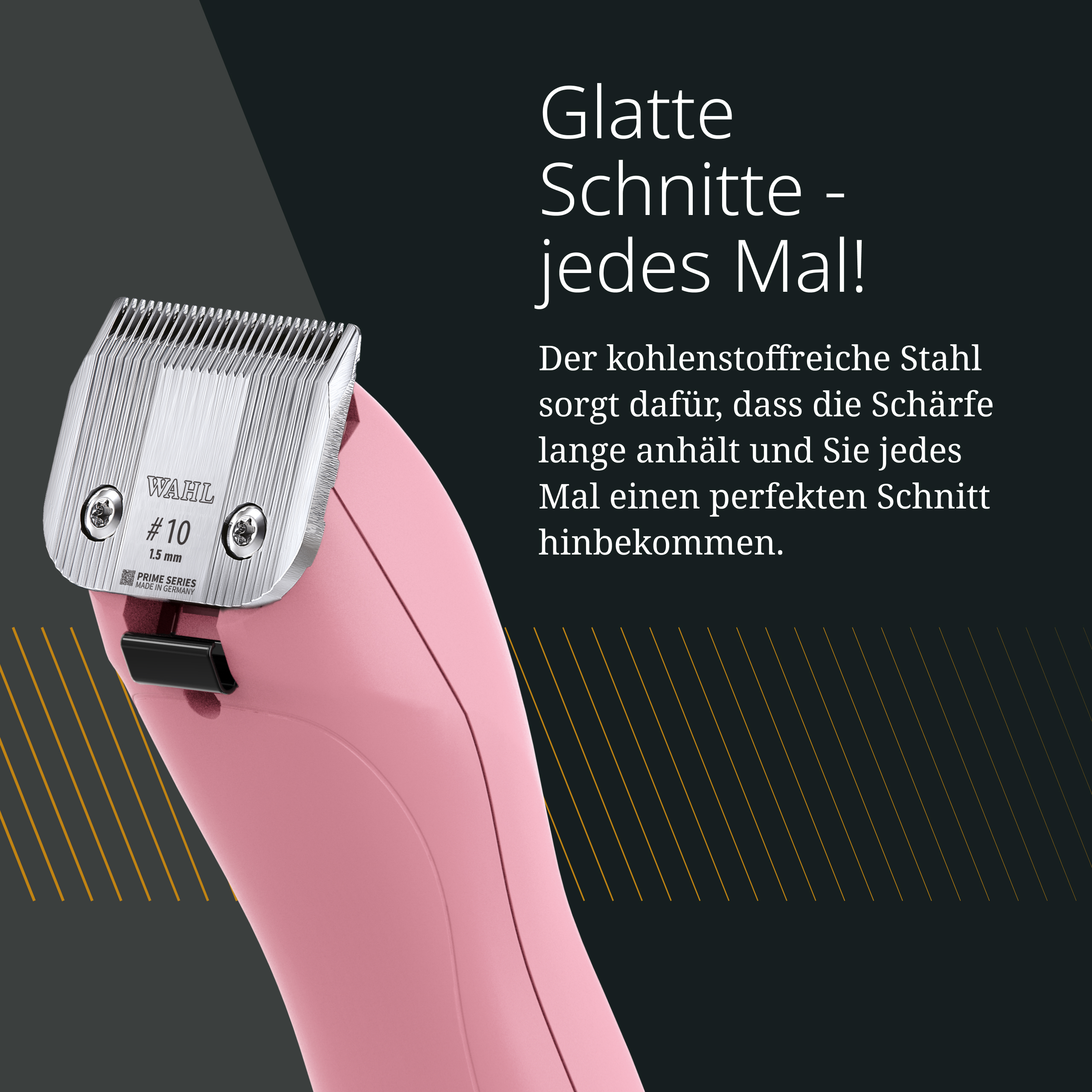 Nahaufnahme eines pinken Wahl-Haarschneiders mit silberner Klinge, #10, 1,5 mm.