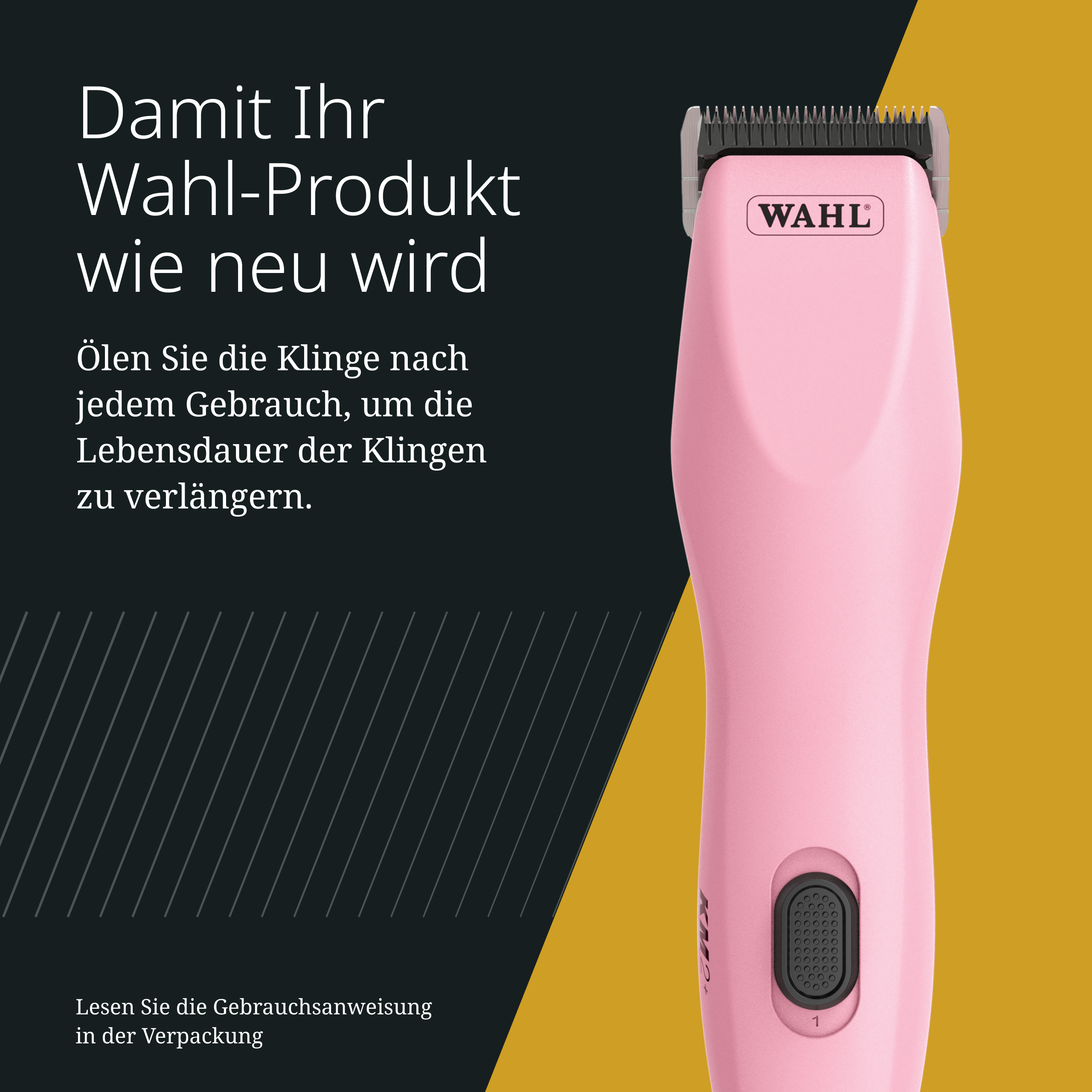 Eine rosafarbene Haarschneidemaschine von Wahl steht vor einem gelben und dunklen Hintergrund.