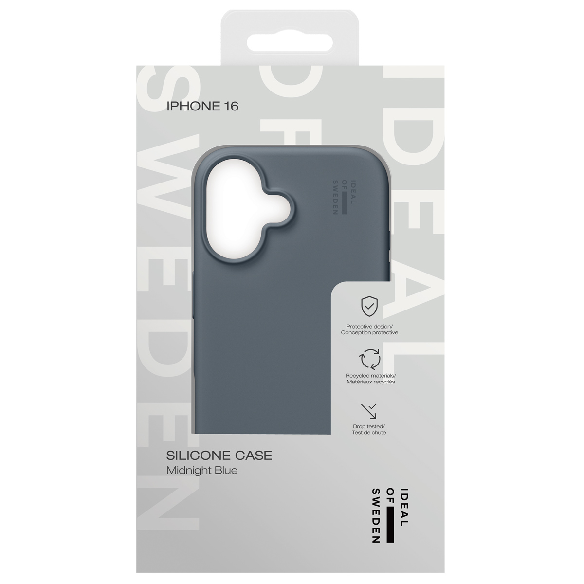 Verpackung einer iPhone 16 Hülle in Mitternachtsblau.
