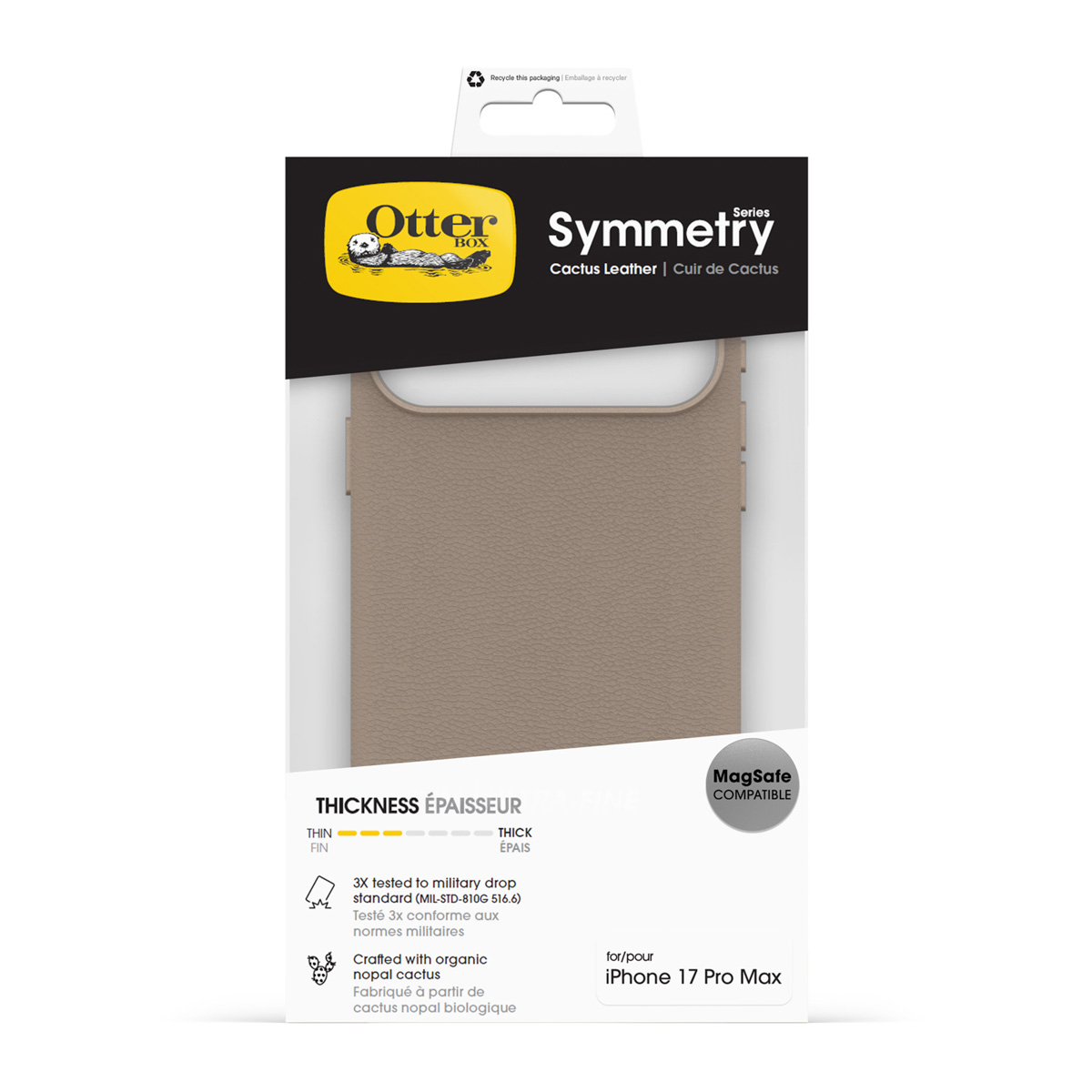 Bruine OtterBox Symmetry hoes voor iPhone 17 Pro Max, MagSafe compatibel.