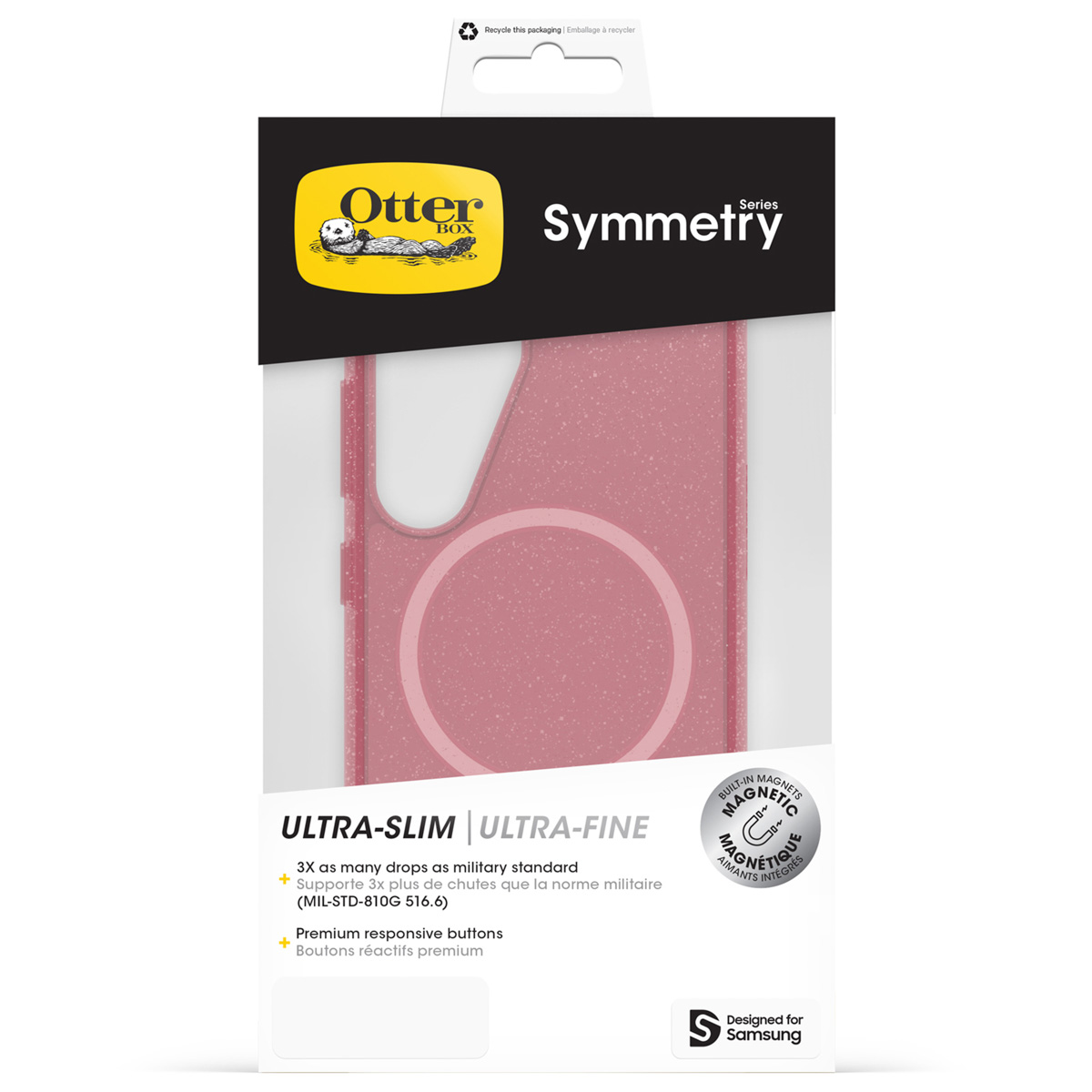 OtterBox Symmetry hoesje in roze met magnetische ring en Samsung logo.