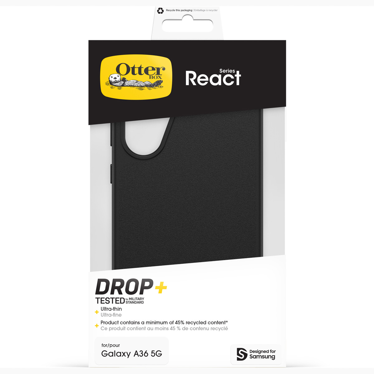 Coque OtterBox React pour Galaxy A36 5G, noire, testée chute, contenu recyclé.