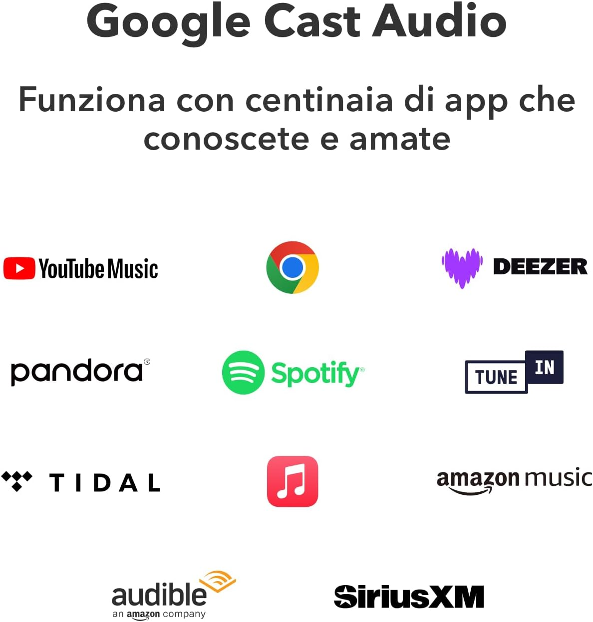 Logos von Musik-Apps: YouTube Music, Chrome, Deezer, Pandora, Spotify, TuneIn, Tidal, Apple Music, Audible, Amazon Music, SiriusXM.
