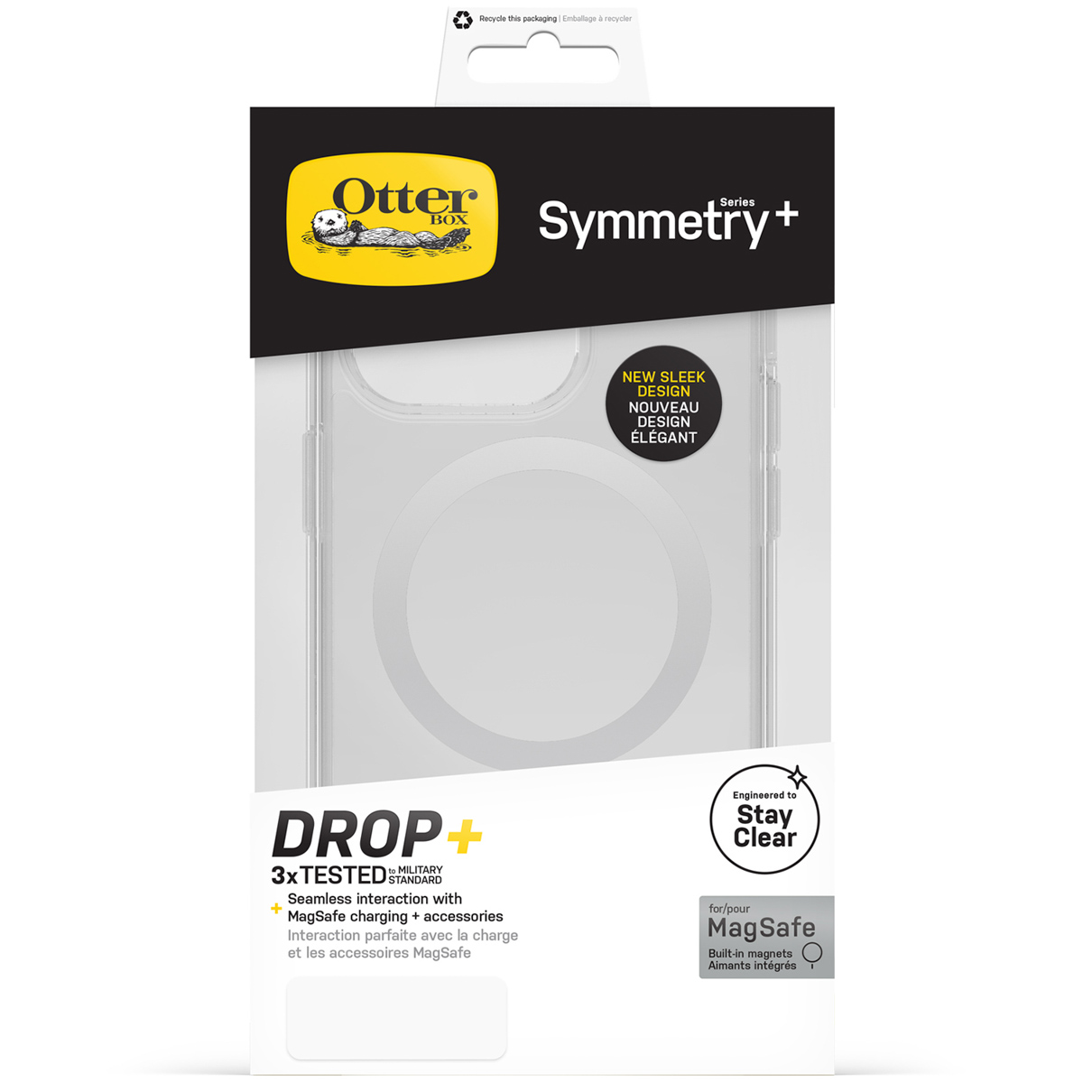 Coque OtterBox Symmetry+ MagSafe, transparente, testée chute militaire.