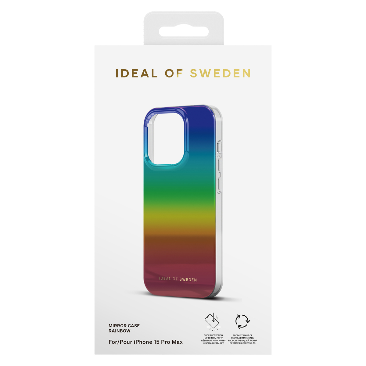 Verpackung für ein iPhone 15 Pro Max Hülle mit Regenbogen-Spiegeldesign von Ideal of Sweden.