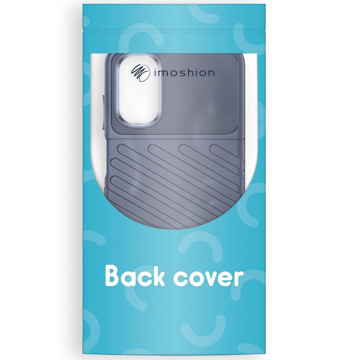 Grijze telefoonhoes met ribbelpatroon in blauwe verpakking.