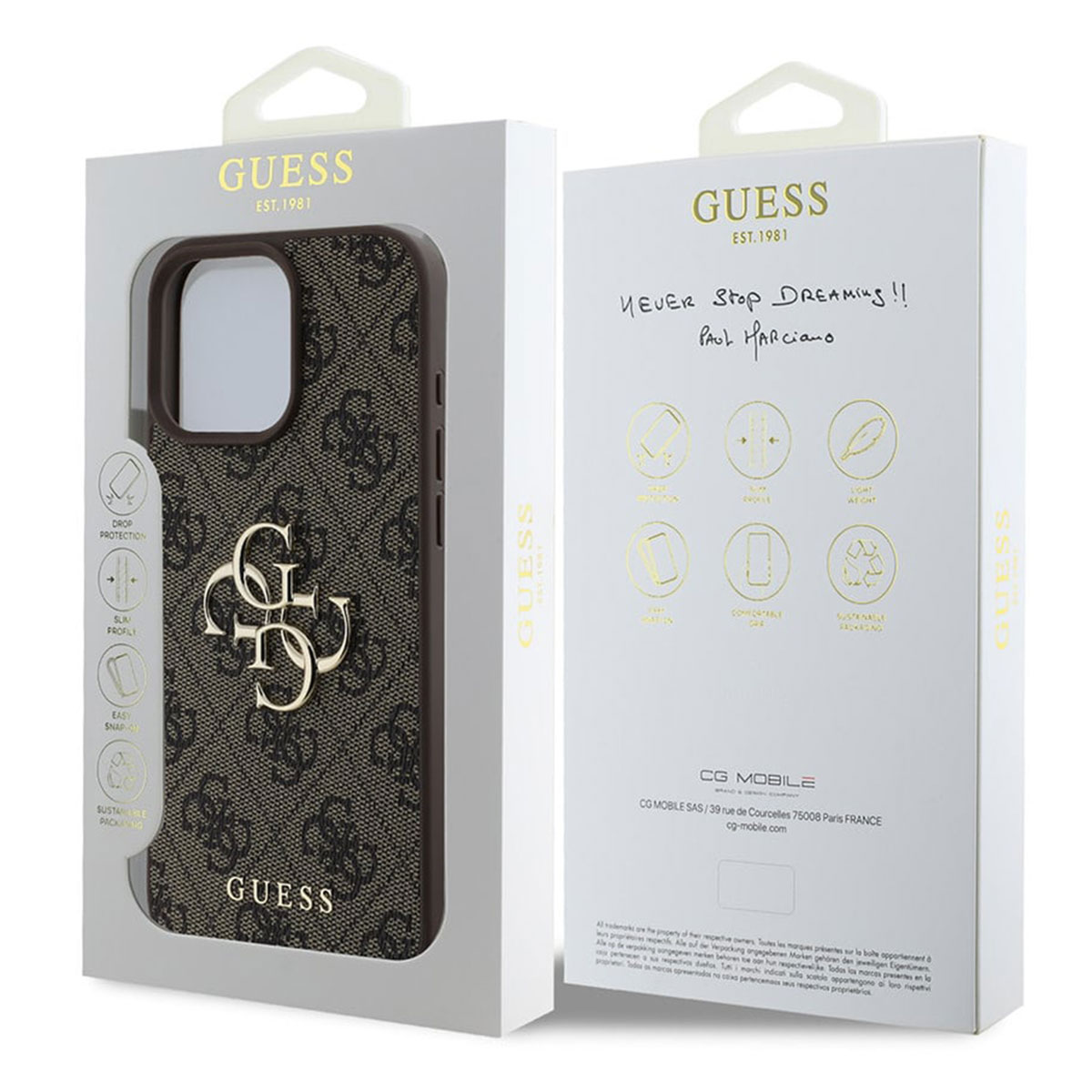 Guess iPhone Hülle in Braun mit GUESS-Logo und Informationen auf der Verpackung.
