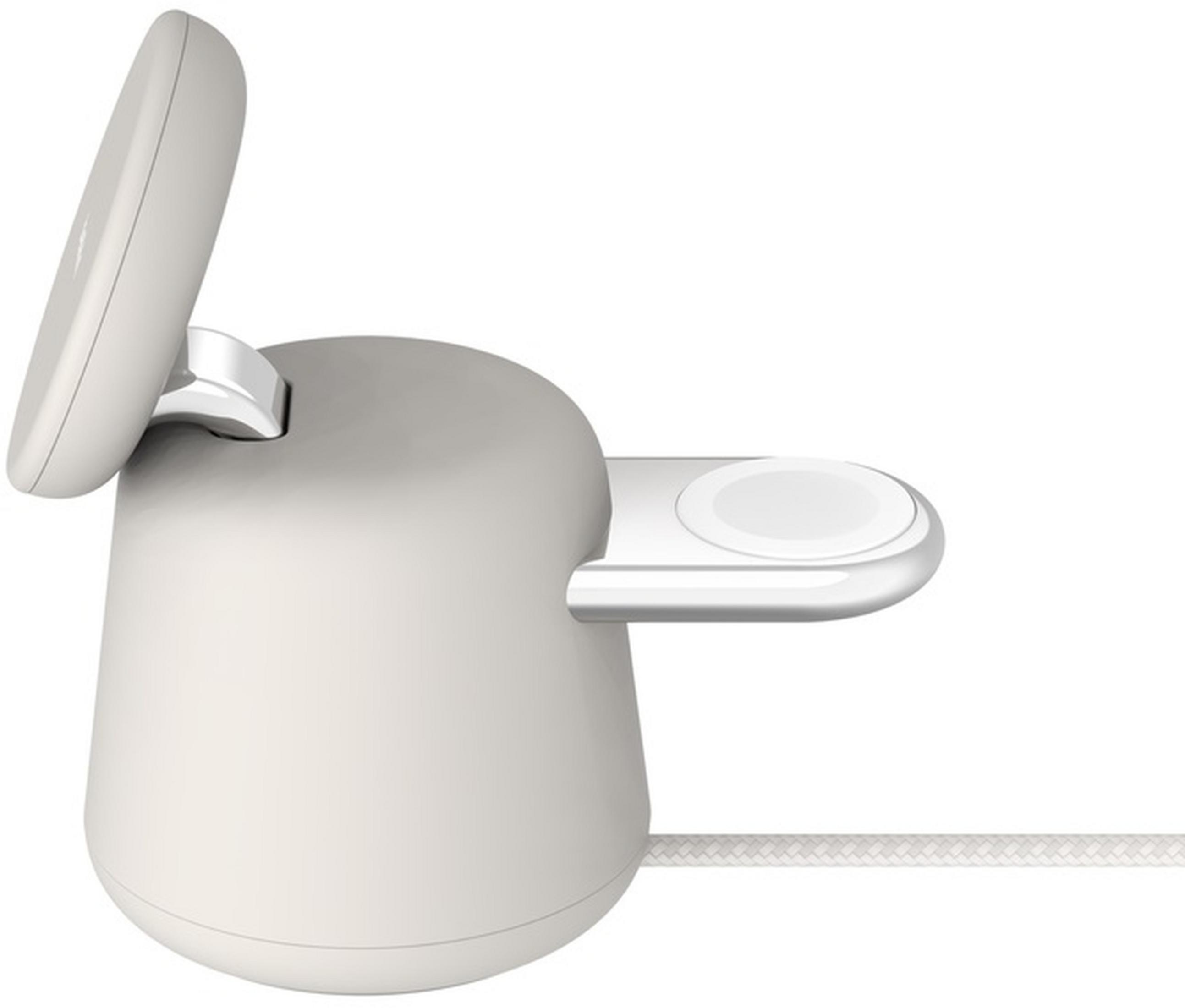 Un supporto di ricarica bianco per telefono e orologio, con cavo intrecciato.