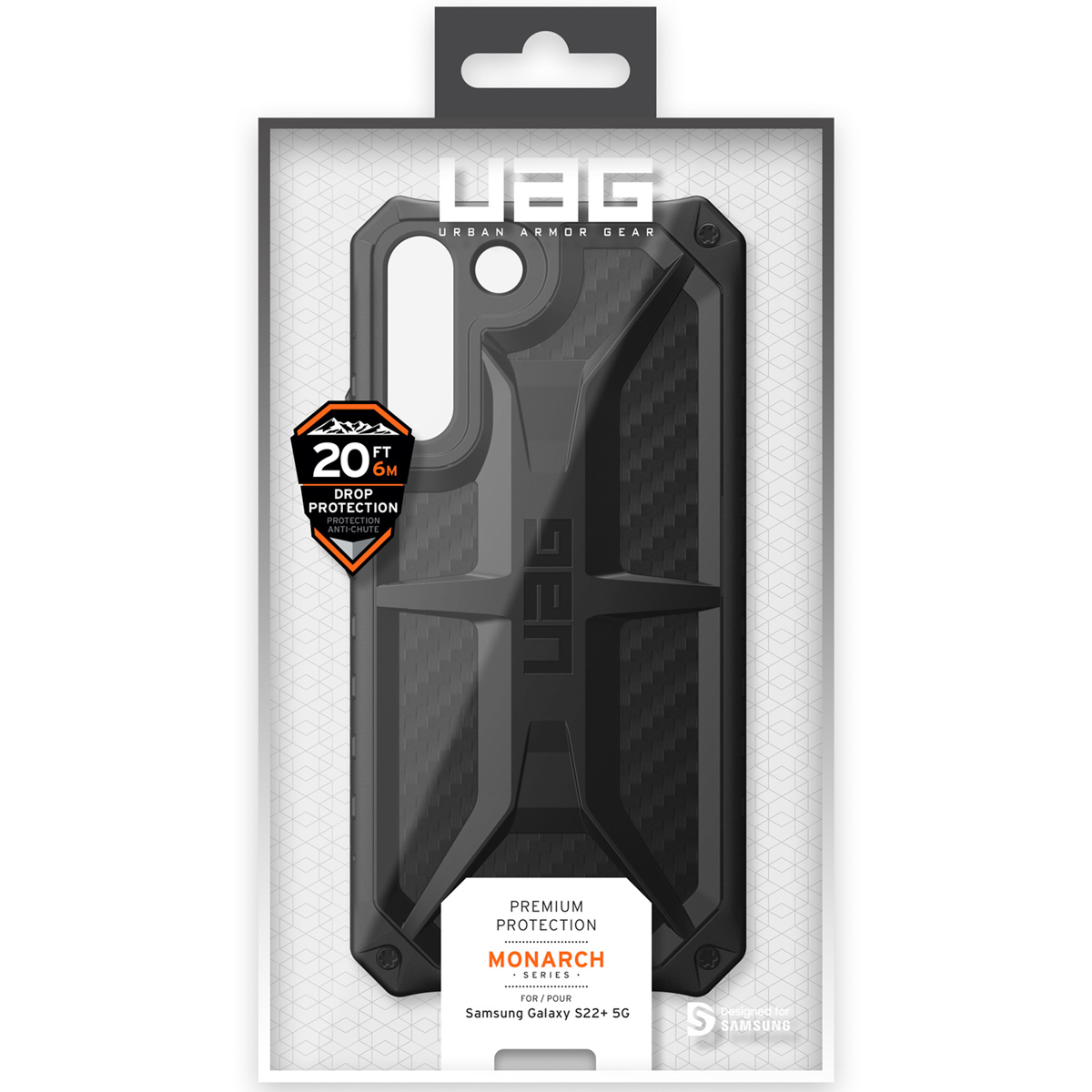 Schwarze UAG Monarch Hülle für Samsung Galaxy S22+ 5G mit 20ft Fallschutz.