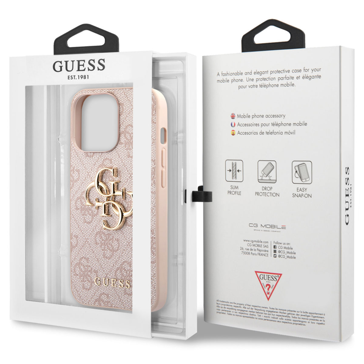 Una custodia rosa Guess con logo dorato nella sua confezione.