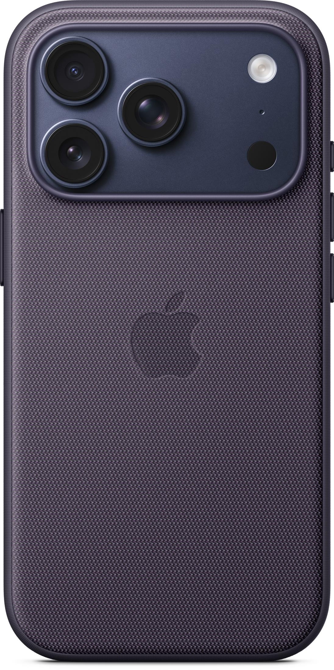 Smartphone blu scuro con tre fotocamere, flash e logo sul retro.
