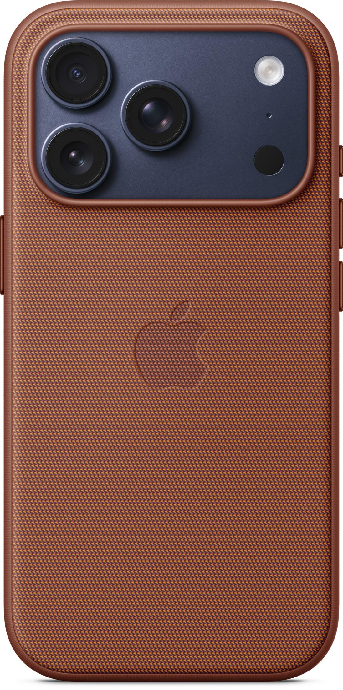 Custodia marrone per telefono con logo Apple e fotocamera. Modulo fotocamera blu scuro.