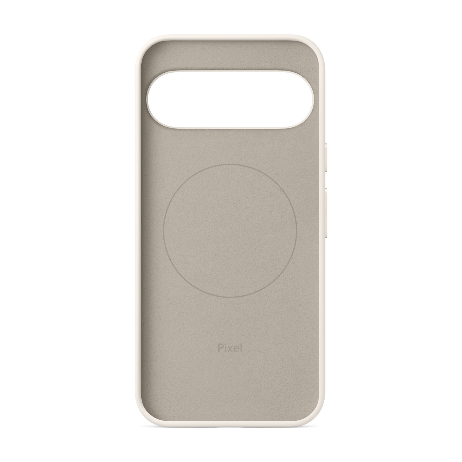 Eine beige Handyhülle mit einem Ausschnitt für die Kamera und einem Kreis auf der Rückseite.