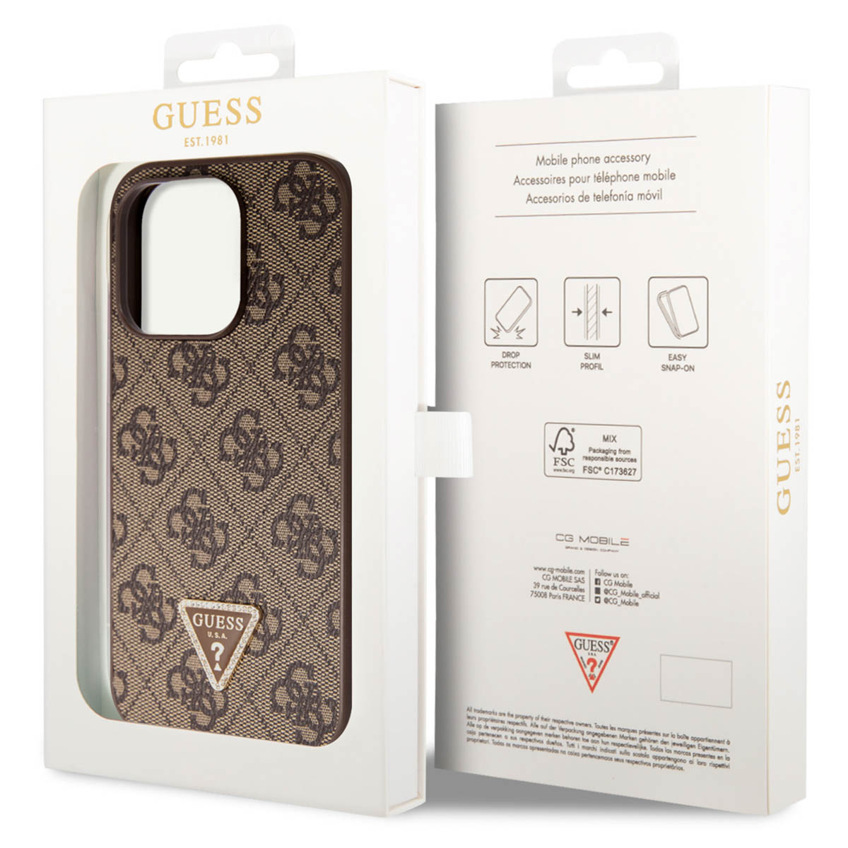Custodia Guess con motivo monogramma marrone e logo argentato su confezione bianca.