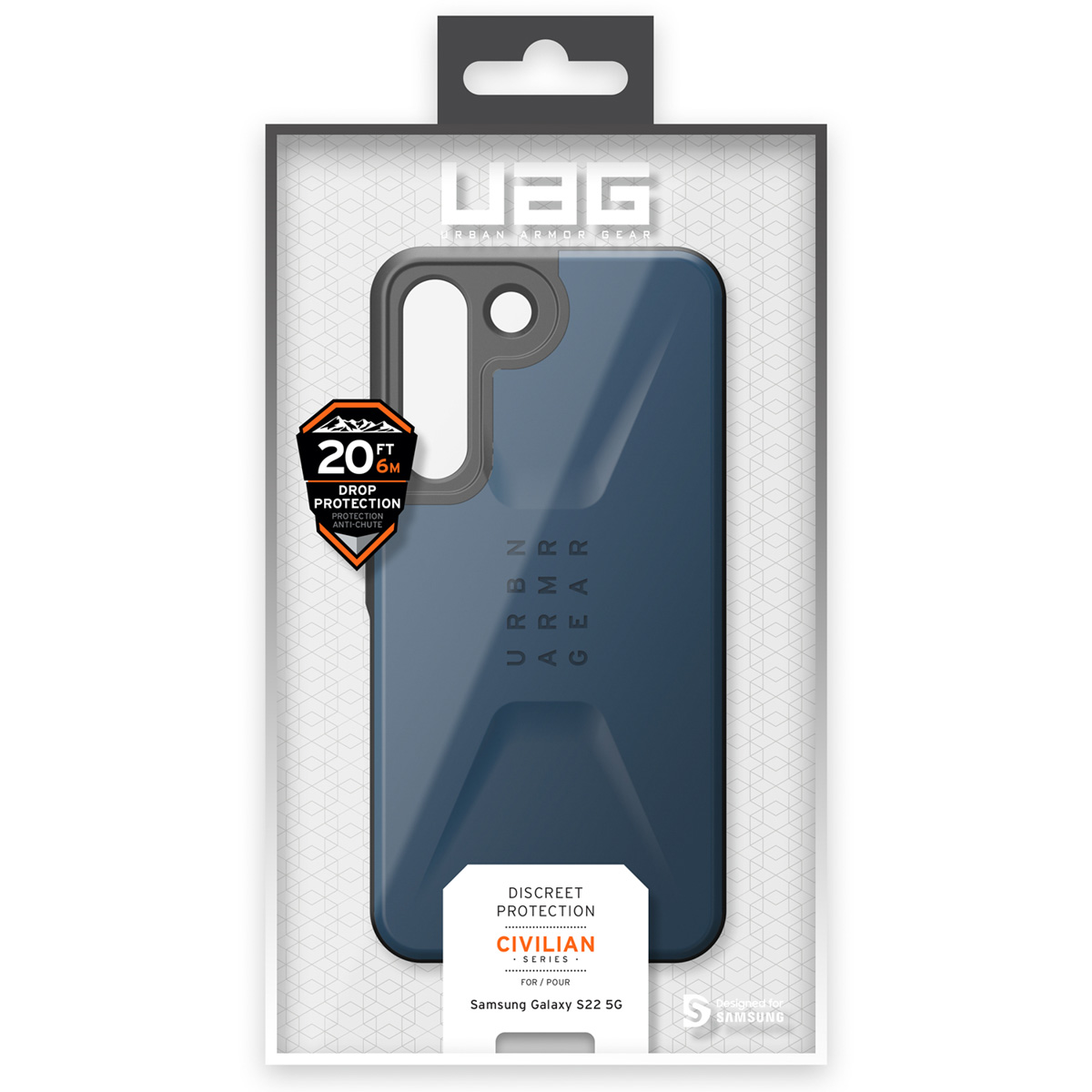 Blauwe hoes voor Samsung Galaxy S22 5G met 20 ft valbescherming.