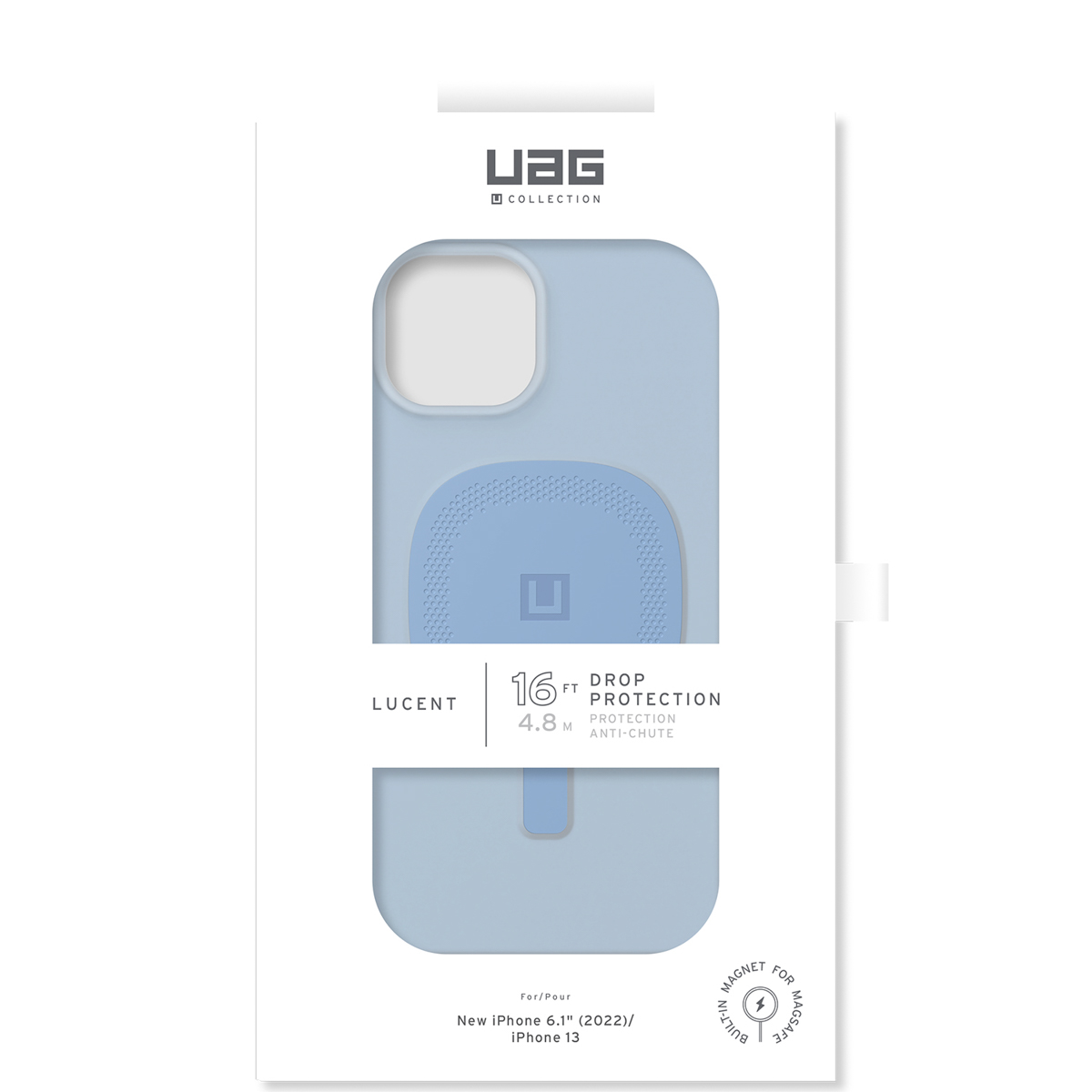 Blauwe iPhone 13 hoes met 16 ft valbescherming, MagSafe en UAG logo.