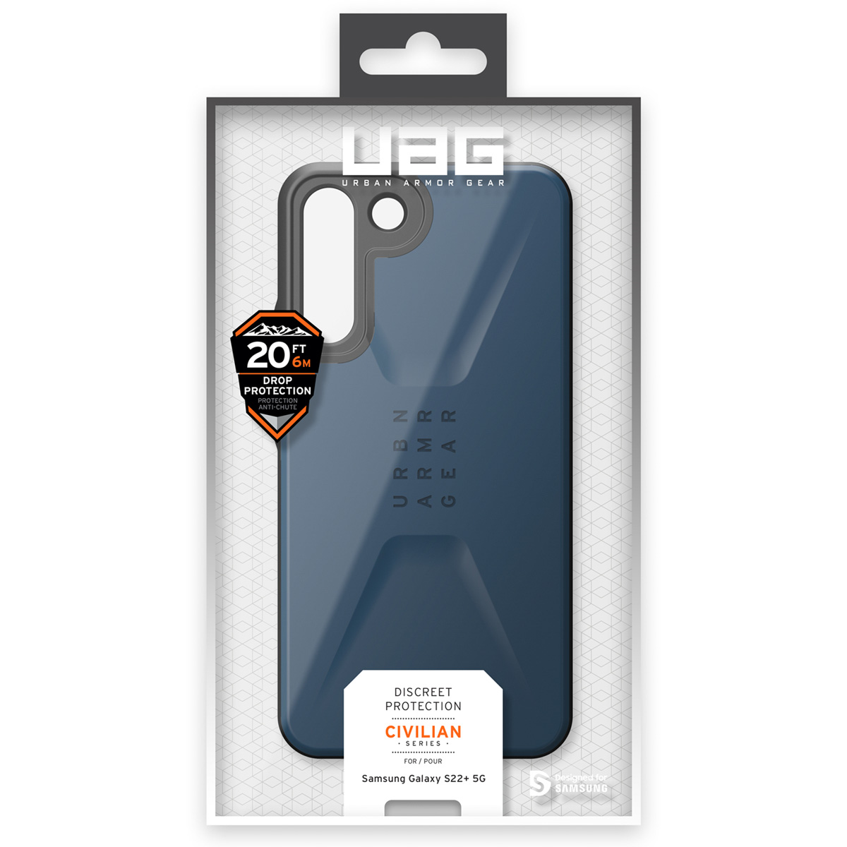 Blaue Handyhülle für Samsung S22+ 5G in Verpackung.