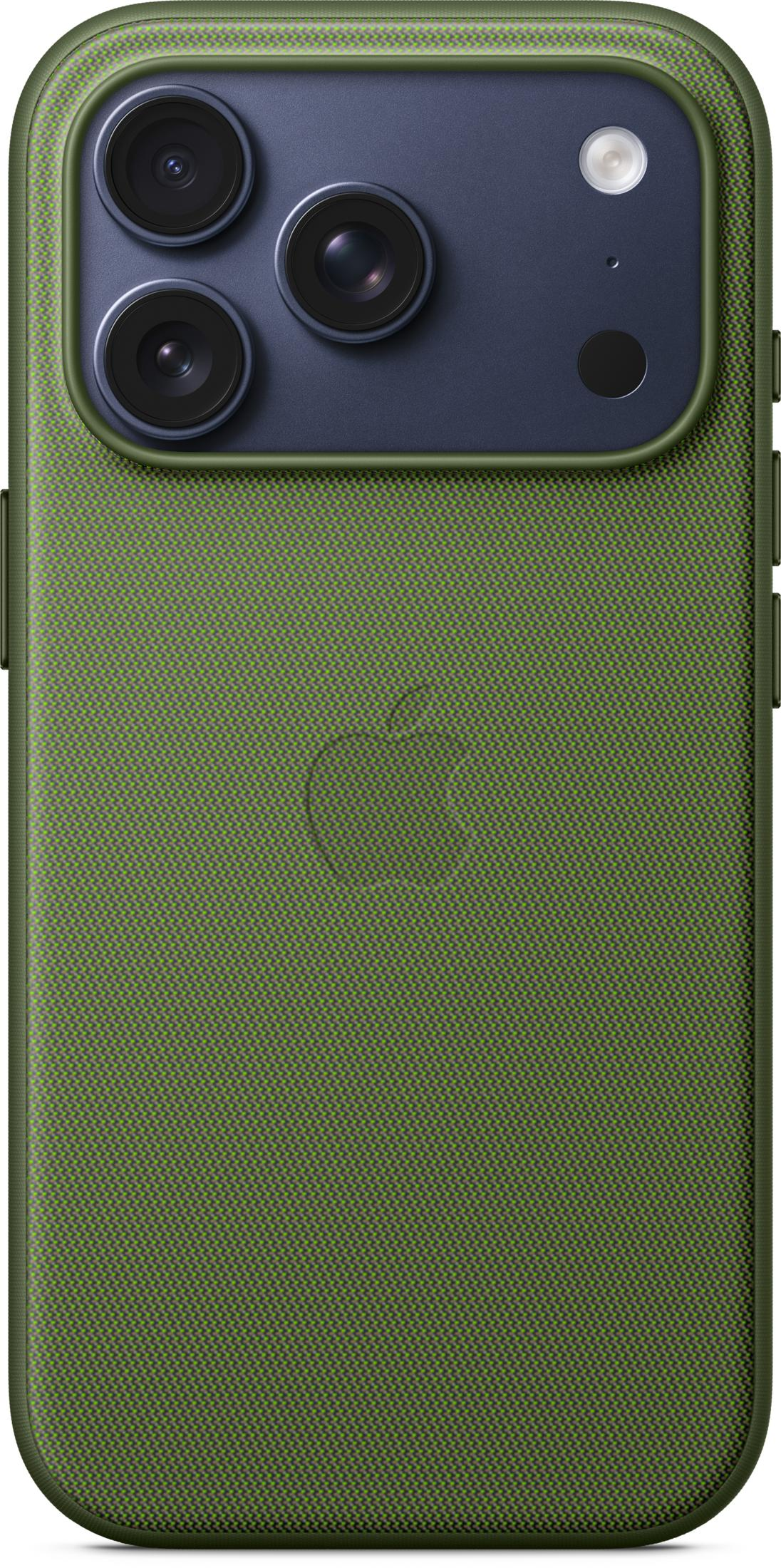 iPhone verde con tre fotocamere e logo Apple.