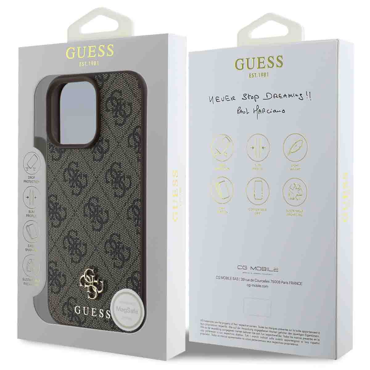 Funda Guess con estampado de monograma y MagSafe, en embalaje.