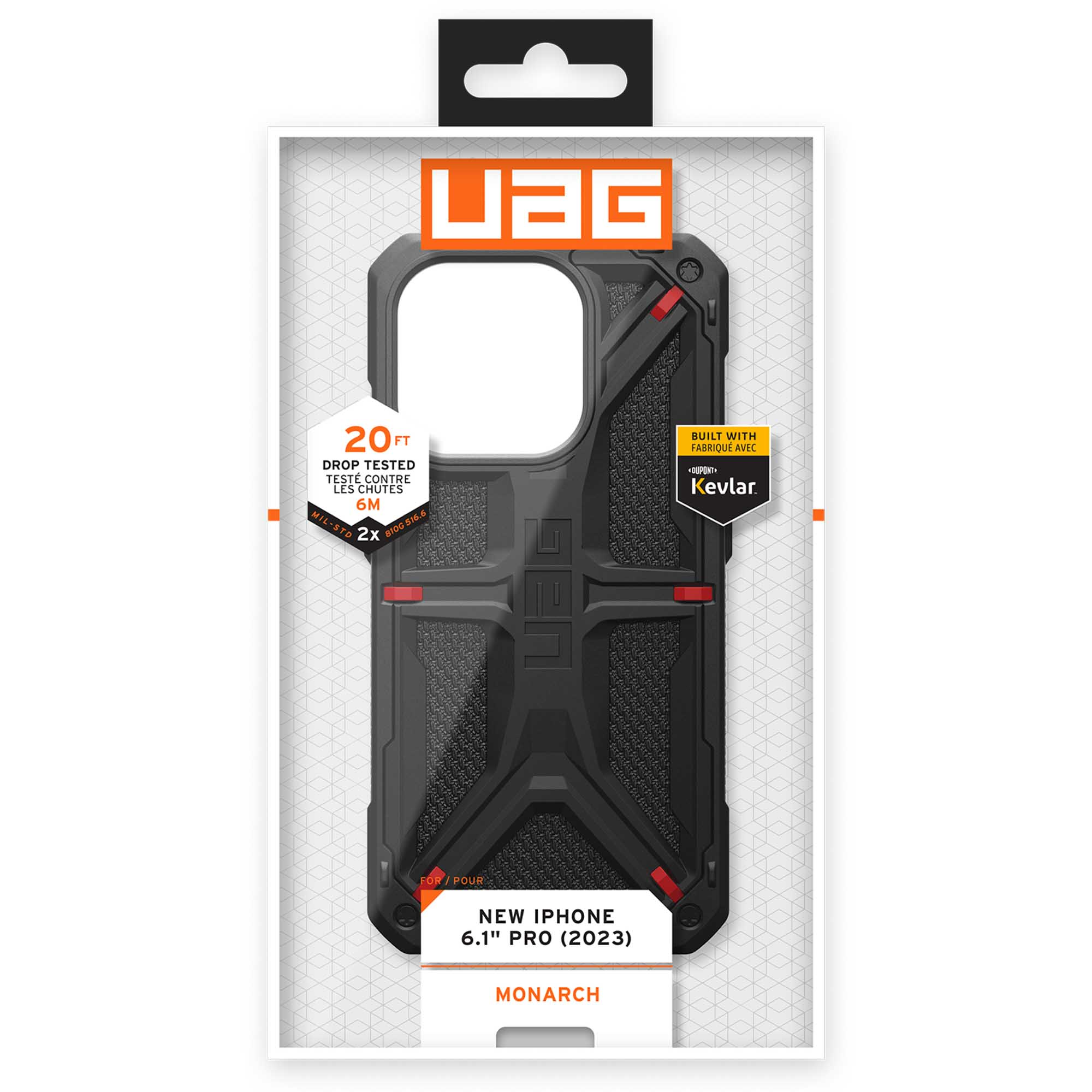 Schwarze iPhone 15 Pro Hülle von UAG mit Kevlar-Akzenten, 20 Fuß Fallschutz.