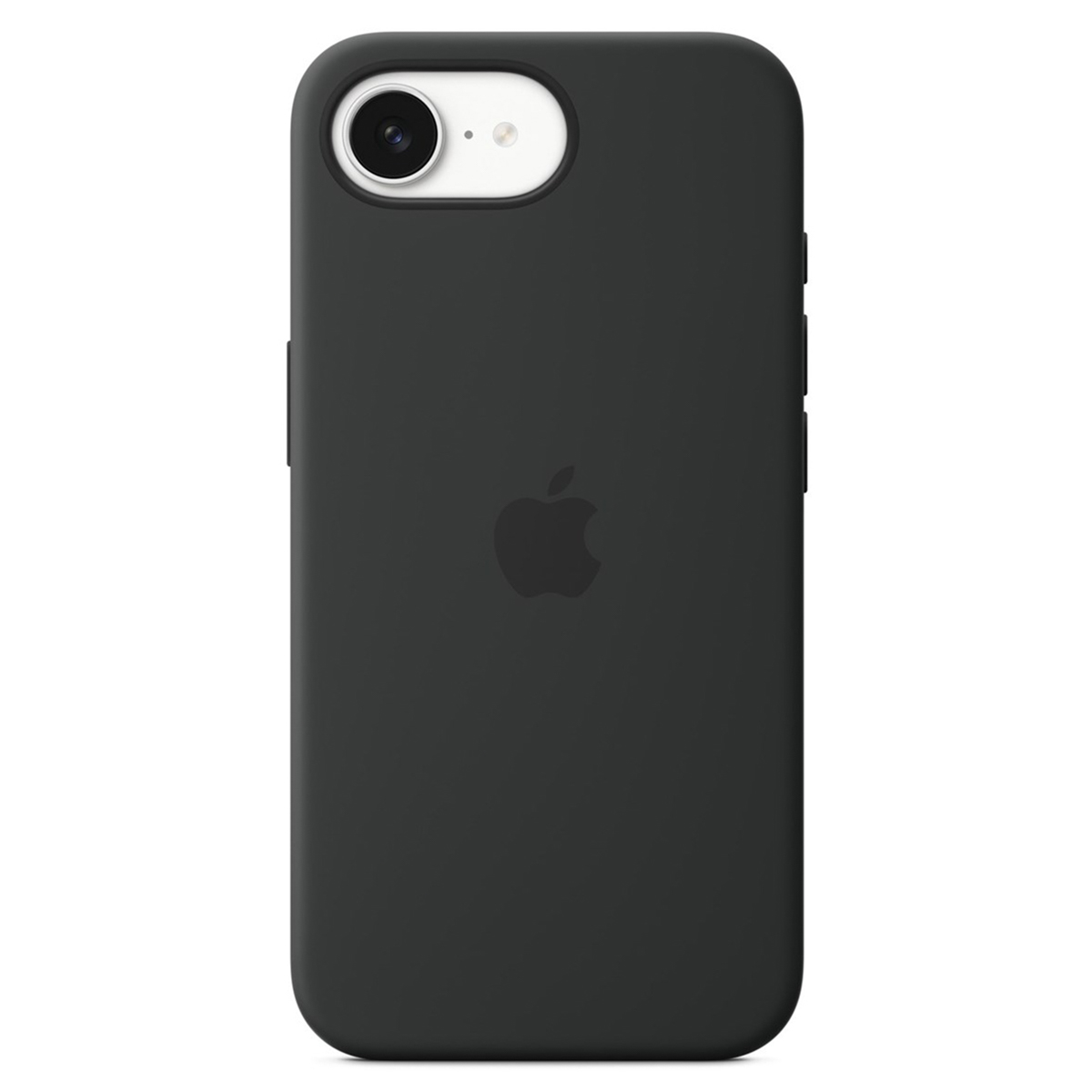 Custodia nera per telefono con logo Apple, foro fotocamera in alto a sinistra.