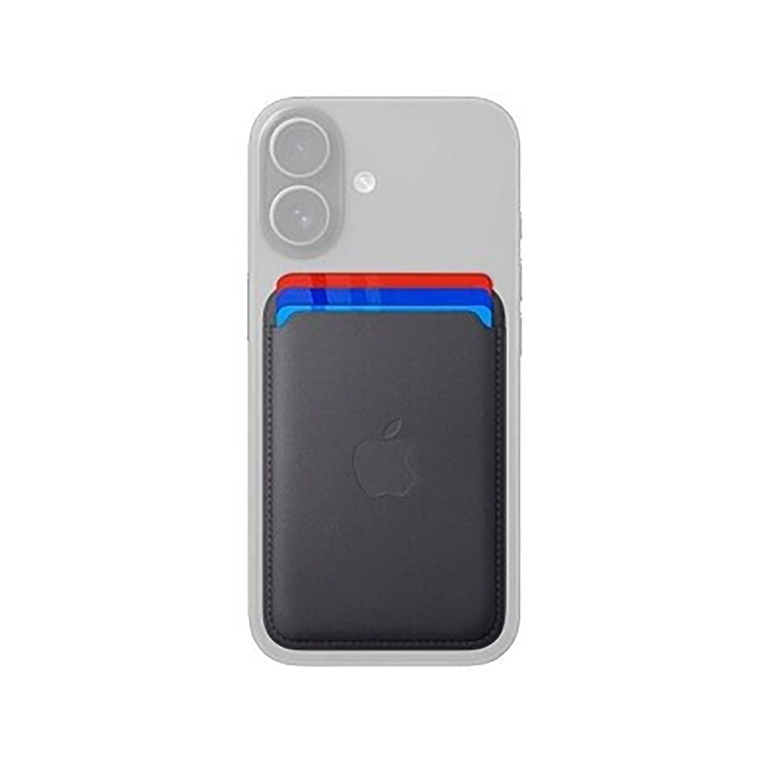 Portacarte nero con logo Apple su iPhone grigio, carte rosse e blu visibili.