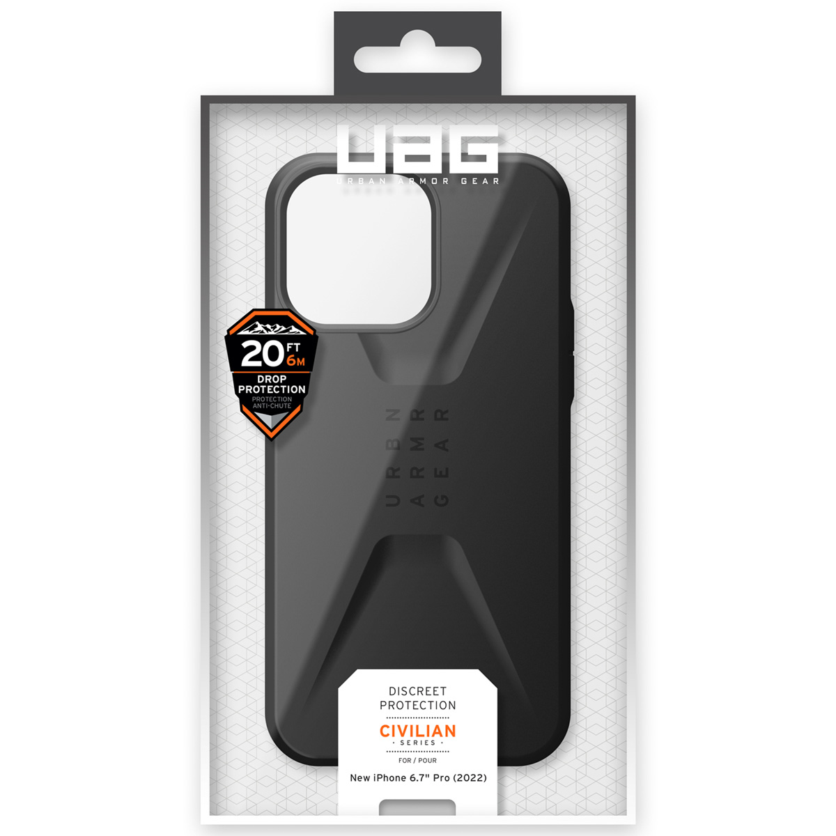 Zwarte iPhone 14 Pro hoes met "20FT DROP PROTECTION" zegel.