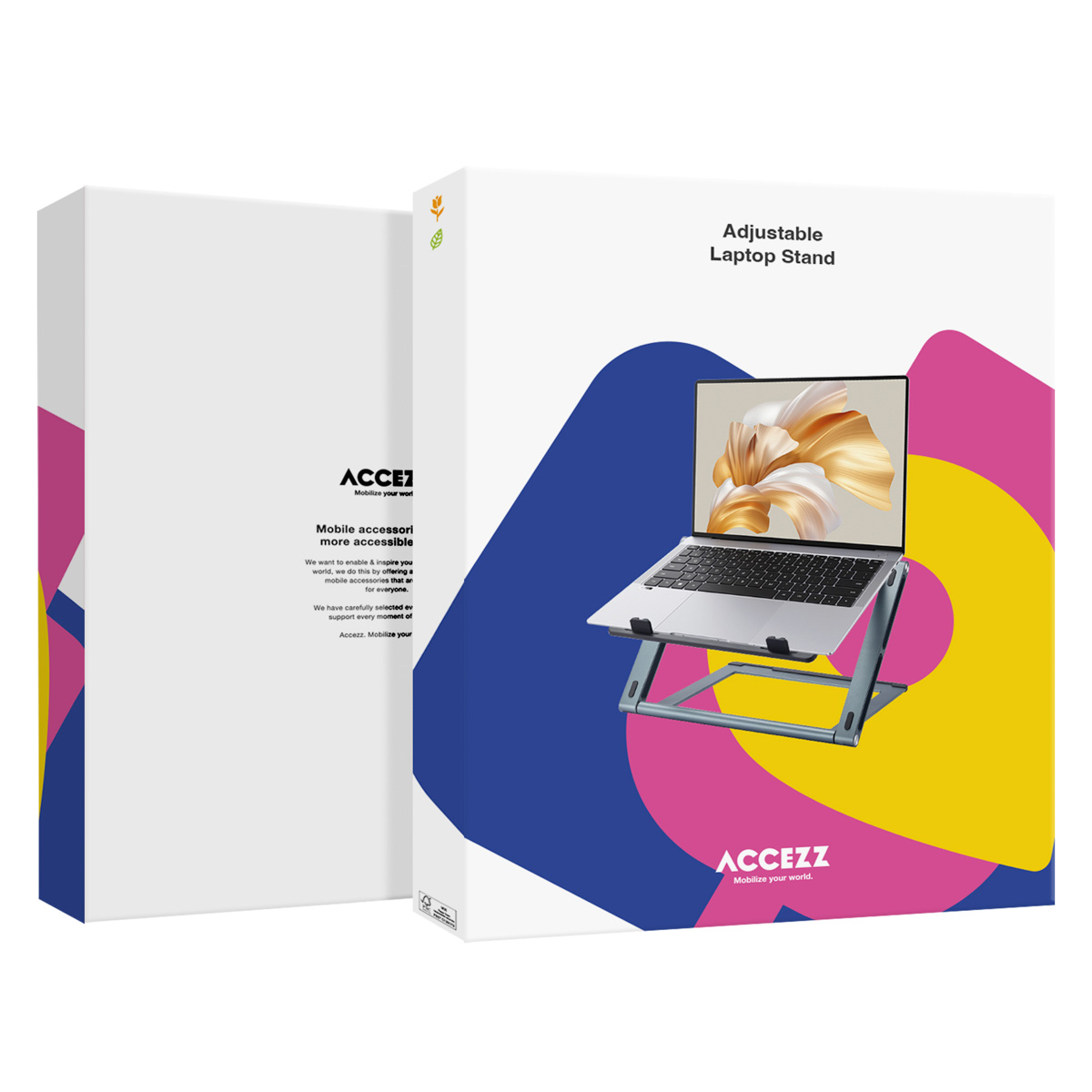 Adjustable laptop stand on box with colorful circles.