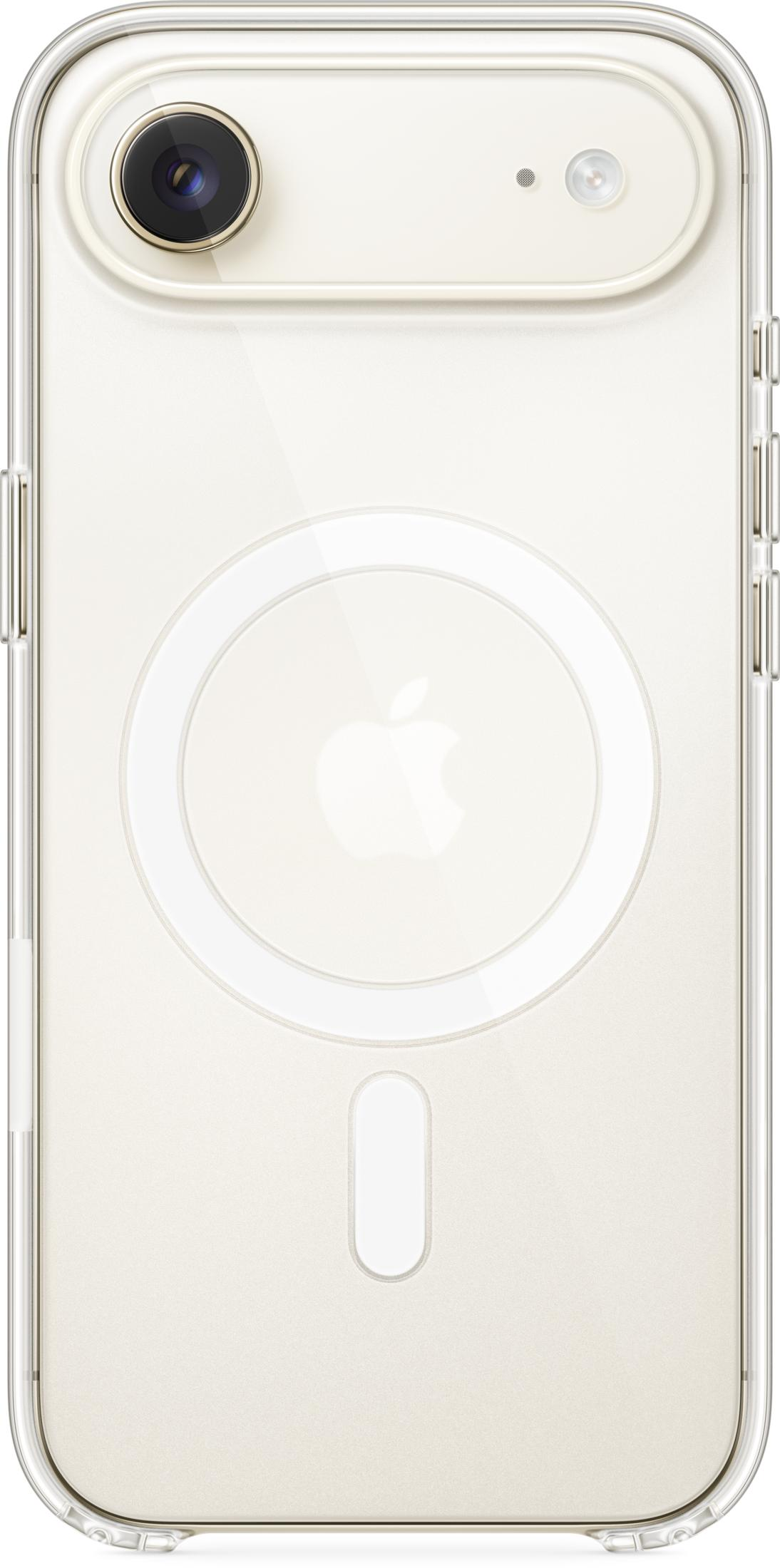 Una cover trasparente con logo Apple e fotocamera su sfondo chiaro.
