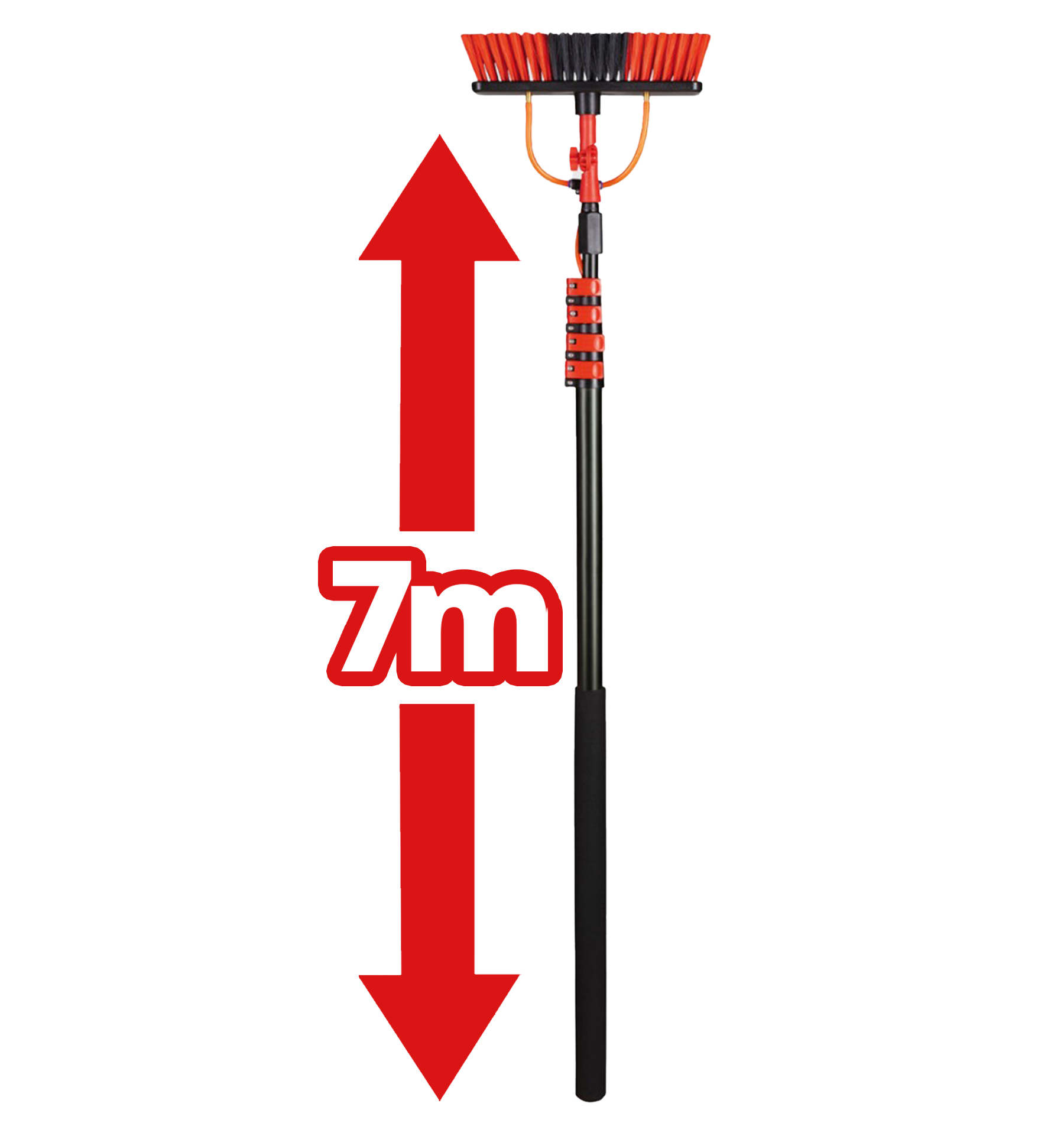 Telescopische paal met rode borstel, 7 meter lang, voor glasbewassing.