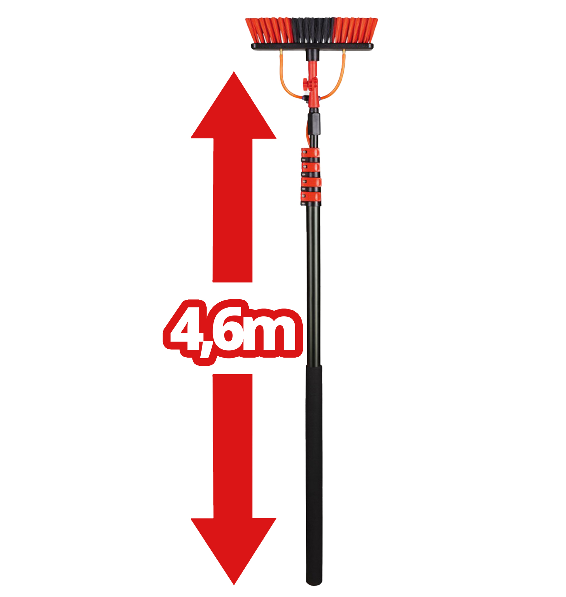 Perche télescopique avec brosse et flèches indiquant 4,6 m.