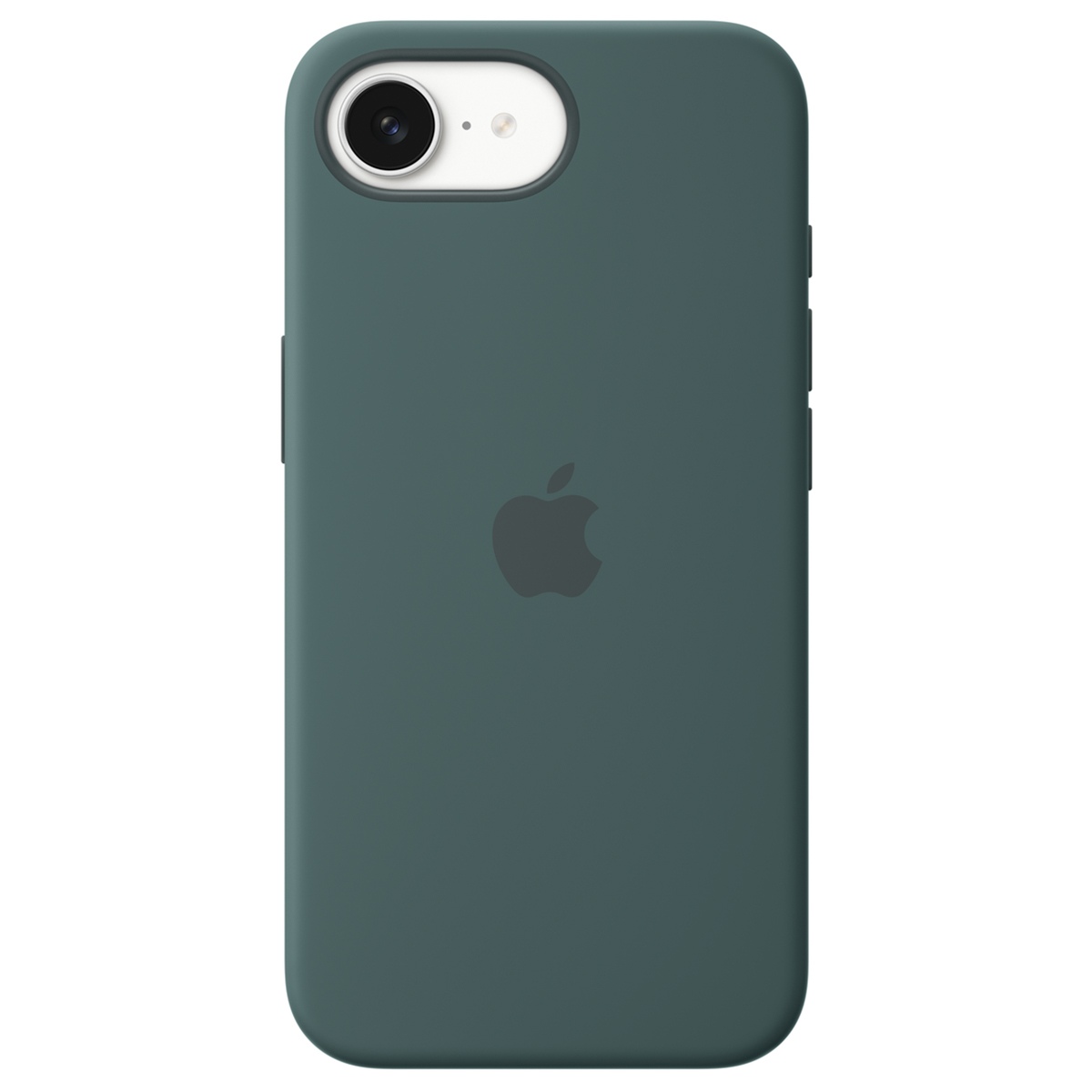 Funda verde oscura para iPhone con logo de Apple y módulo de cámara.
