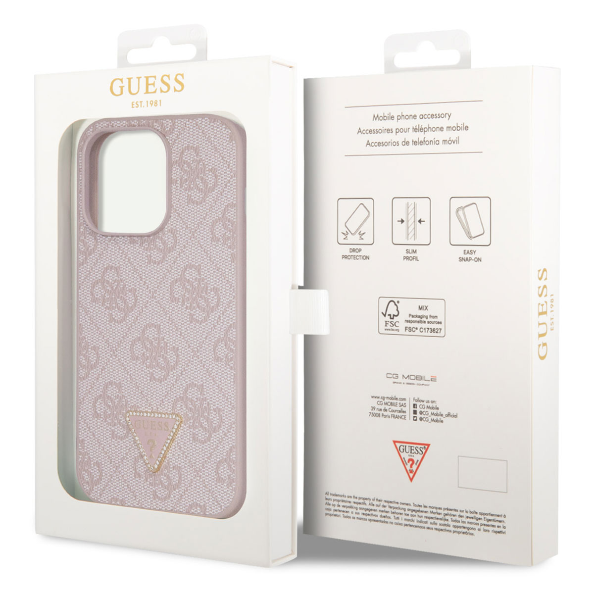 Eine rosa GUESS Handyhülle mit Monogrammmuster in einer Verpackung.