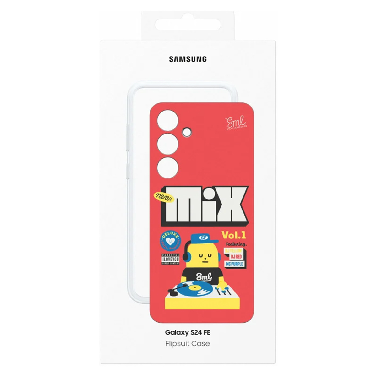 Custodia Flipsuit Samsung Galaxy S24 FE con design DJ, rossa, gialla e blu.