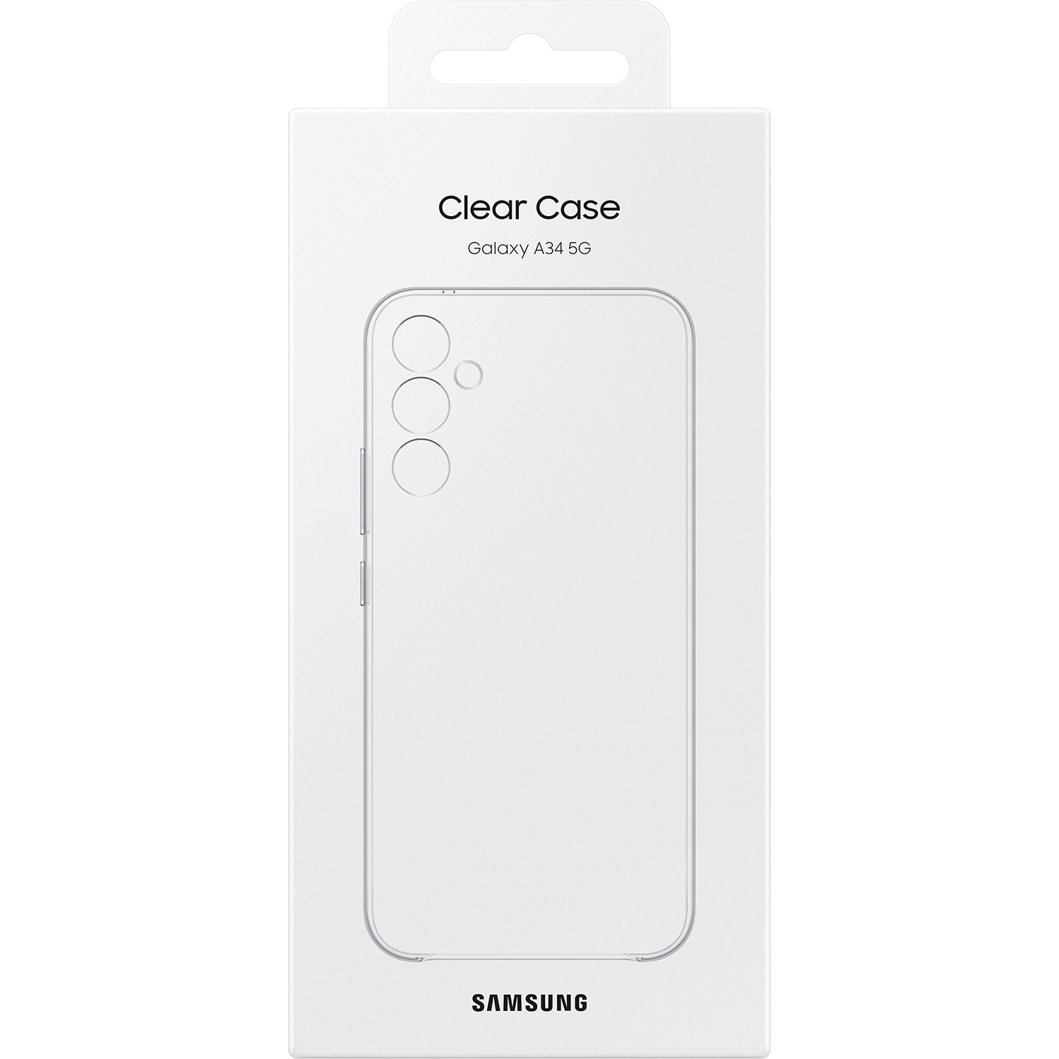 Verpakking voor een doorzichtige hoes voor Samsung Galaxy A34 5G.