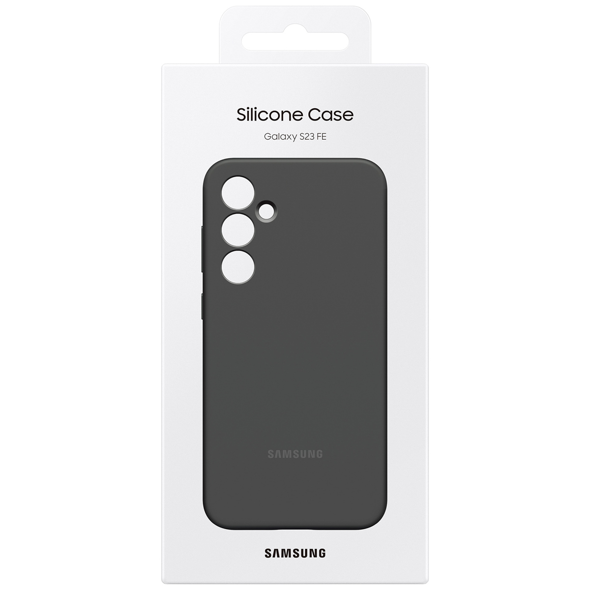 Funda de silicona gris oscura Samsung Galaxy S23 FE en empaque blanco.