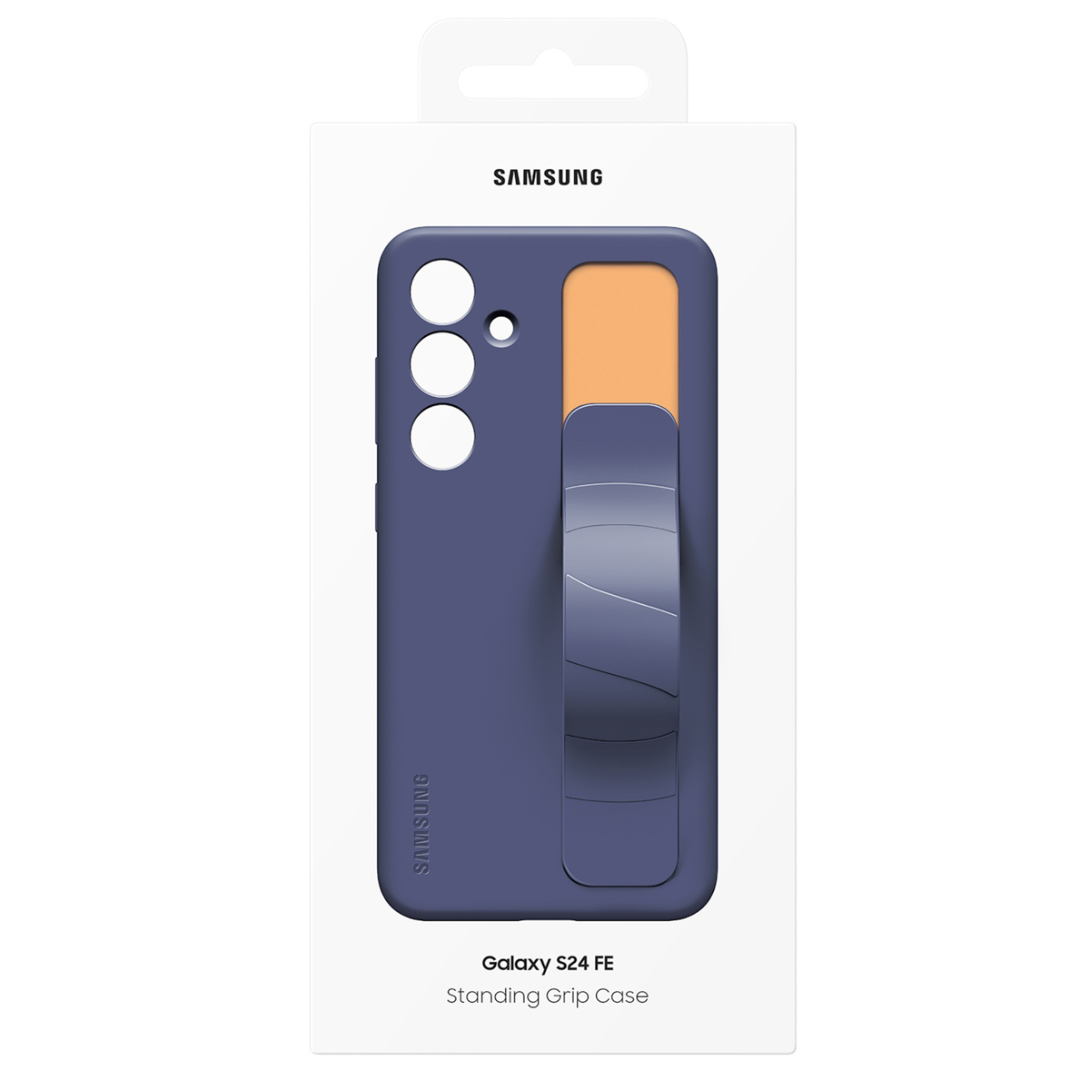 Une coque violette Samsung Galaxy S24 FE avec support et insert orange.