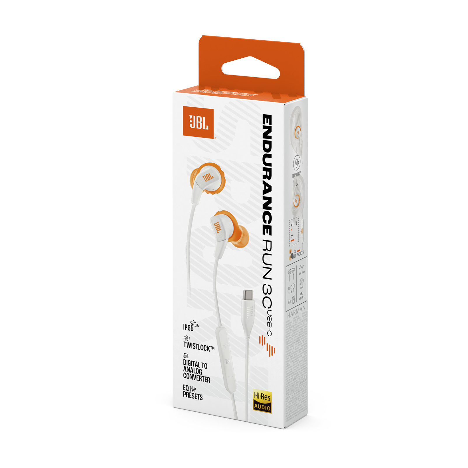 JBL Endurance Run 3C USB-C Kopfhörer in Weiß und Orange auf weißer Box.