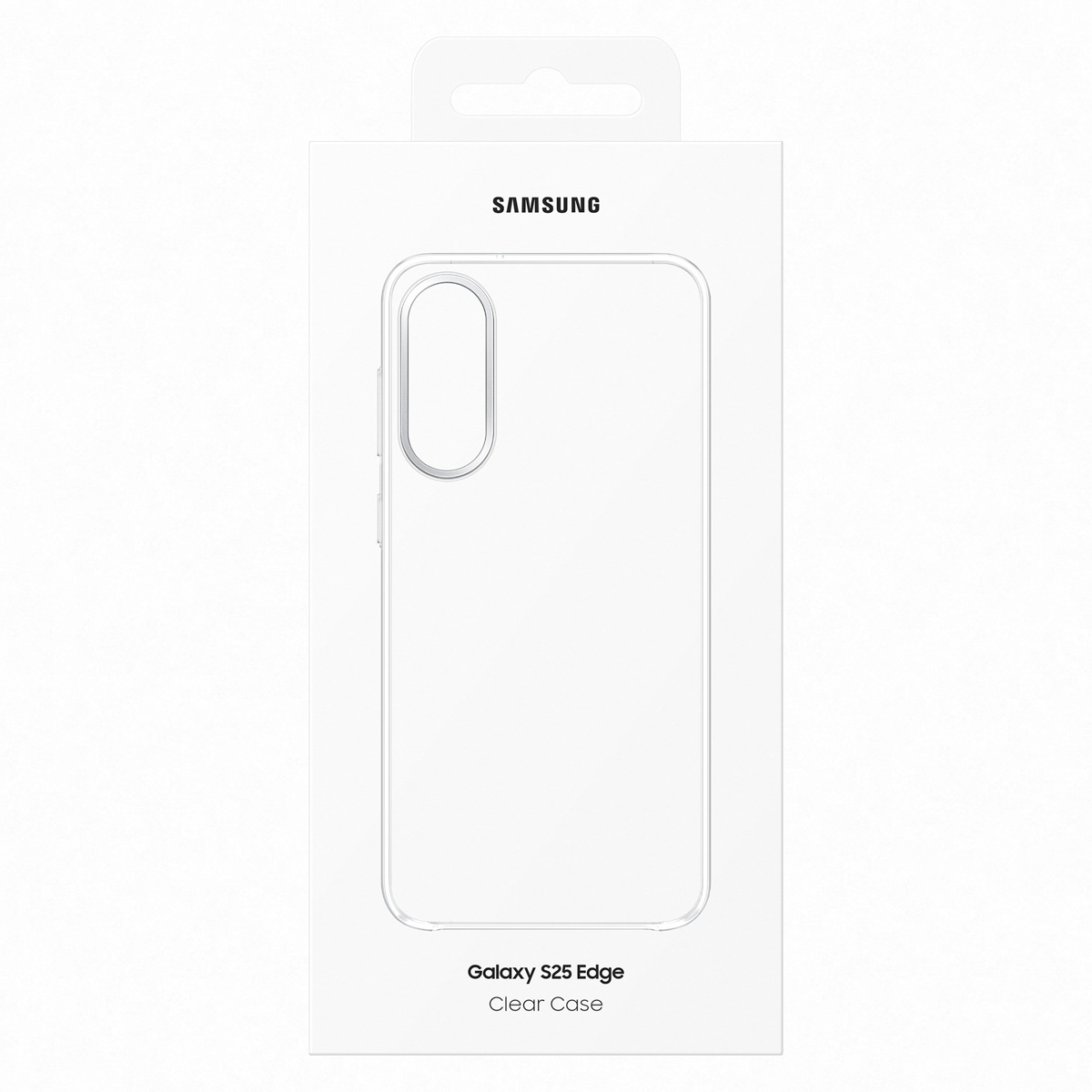 Przezroczyste etui Samsung Galaxy S25 Edge na białym opakowaniu.