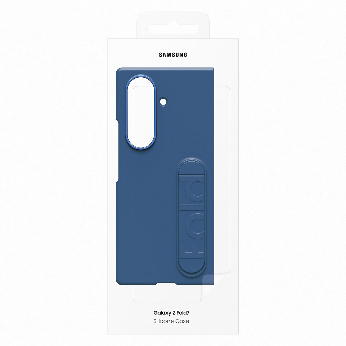 Niebieskie etui silikonowe Samsung Galaxy Z Fold7 w opakowaniu z wytłoczonym 'FOLD'.
